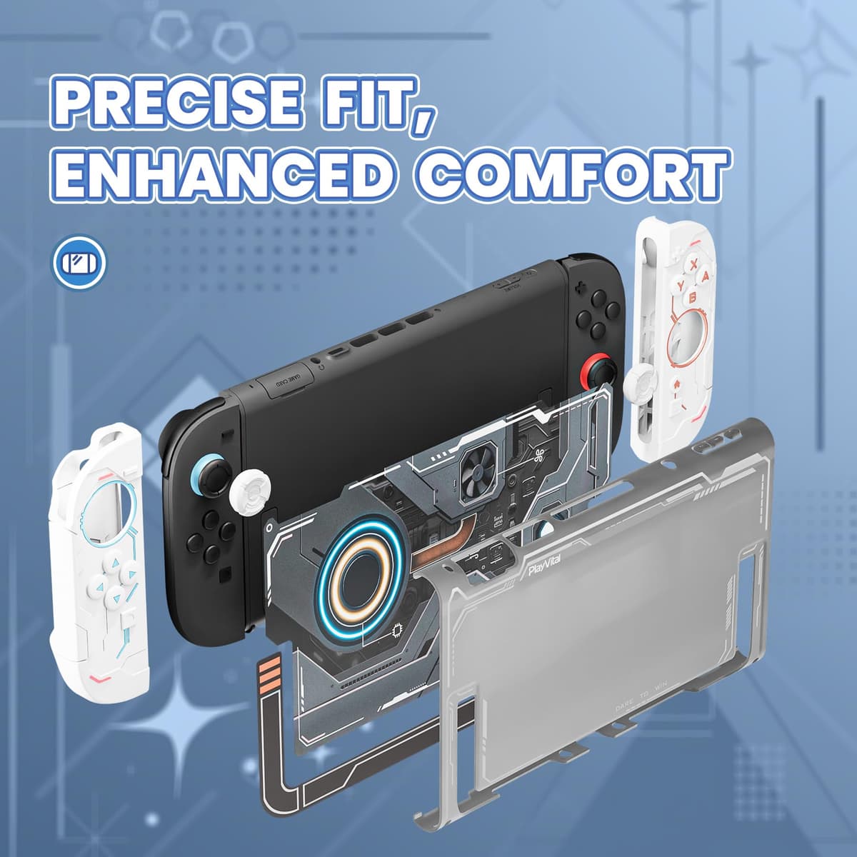 PlayVital Protective Case for Nintendo Switch 2, Stellar Mecha Ergonomic Anti-Slip Silicone Grip Cover, Dockable Hard Case Shell for Switch 2 with Joystick Cap & Sticker - White — view 5