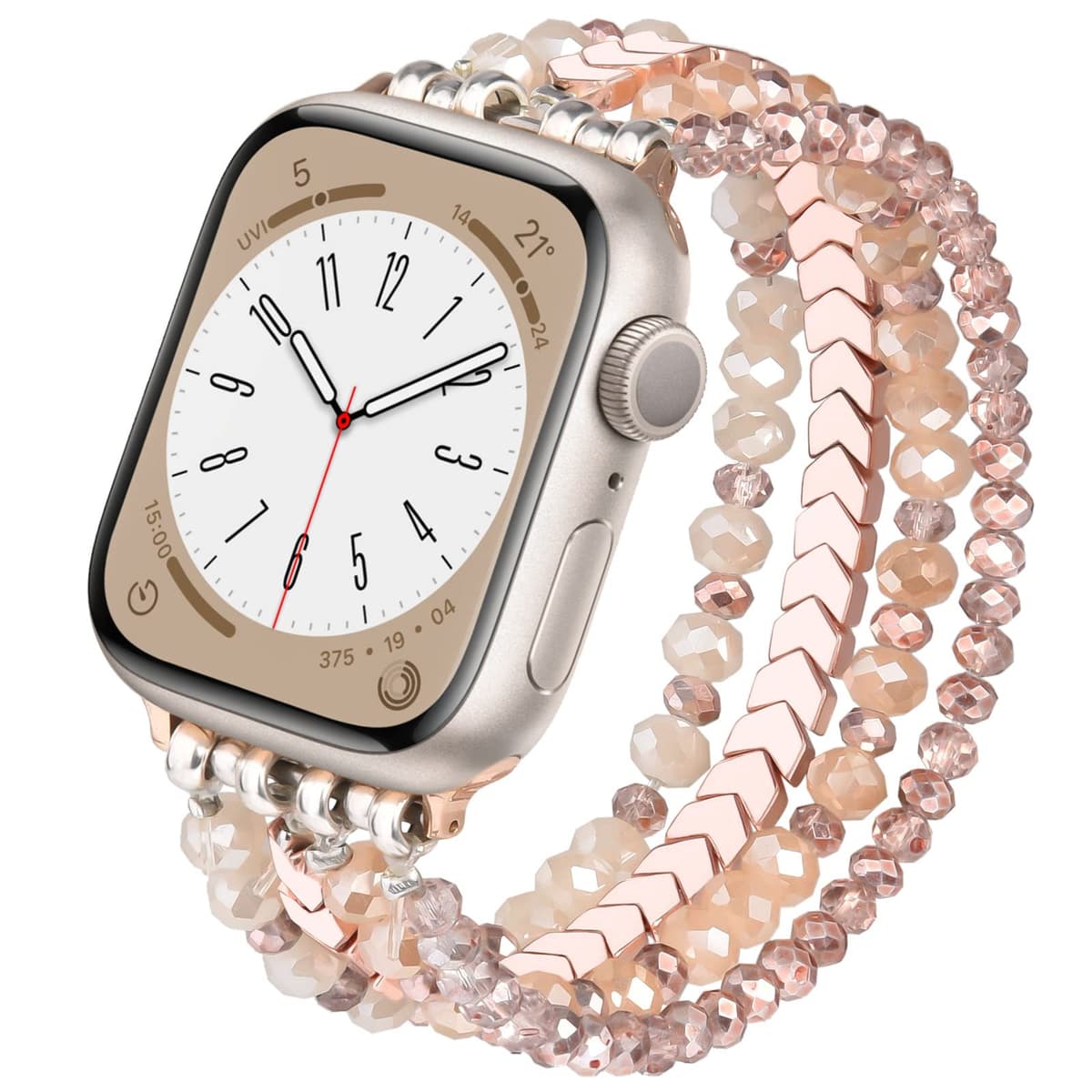 MOFREE Beaded Bracelet Apple Watch Band for Women 38mm 40mm 41mm 42mm, Elastic Stretch Women Strap Bands Compatible with iWatch Series 11/10/9/8/7/SE/6/5/4/3/2/1, Rose Gold for 5.3''-6.2'' Wrists
