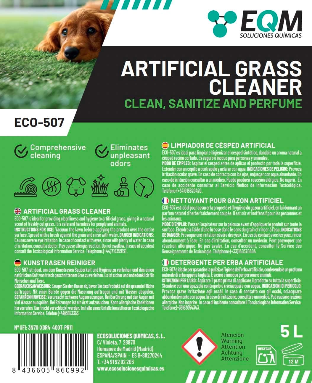 EQM - ECO-507 - Limpiador e Higienizante de Césped Artificial - 5L - Limpia, Higieniza y Perfuma - Formato Ahorro, Larga Duración - No Tóxico — view 8