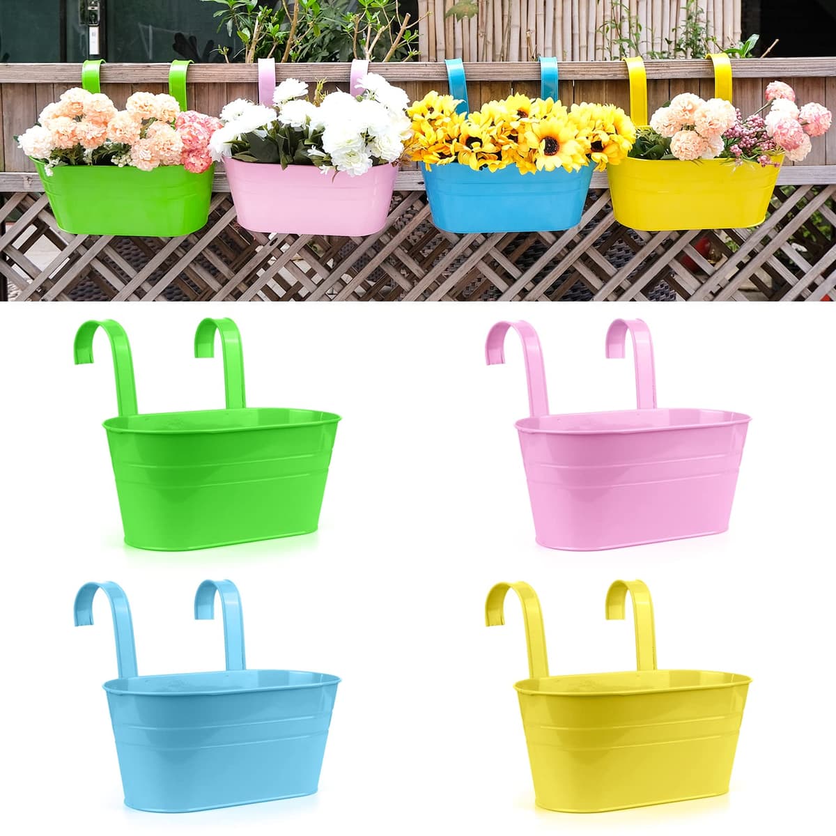 RIOGOO Macetas de metal Hierro Colgantes Macetas de jardín Macetas de balcón Macetas de metal Cubo de flores Soportes para colgar en la pared Maceta de decoración - Gancho desmontable (4 PCS) (blanco) — view 9