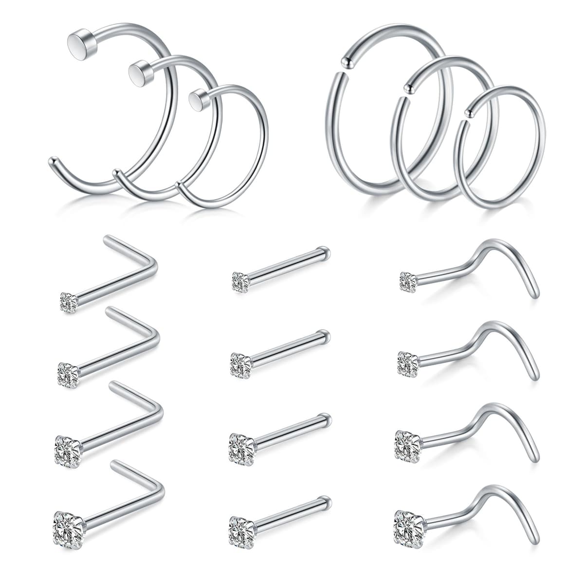 AVYRING Nose Rings Hypoallergenic Stainless Steel L-Shaped Nose Stud Screws with Cubic Zirconia Nose Piercing Jewellery 22G 20G 18G, Pack of 18 Pieces or 24 Pieces — view 15