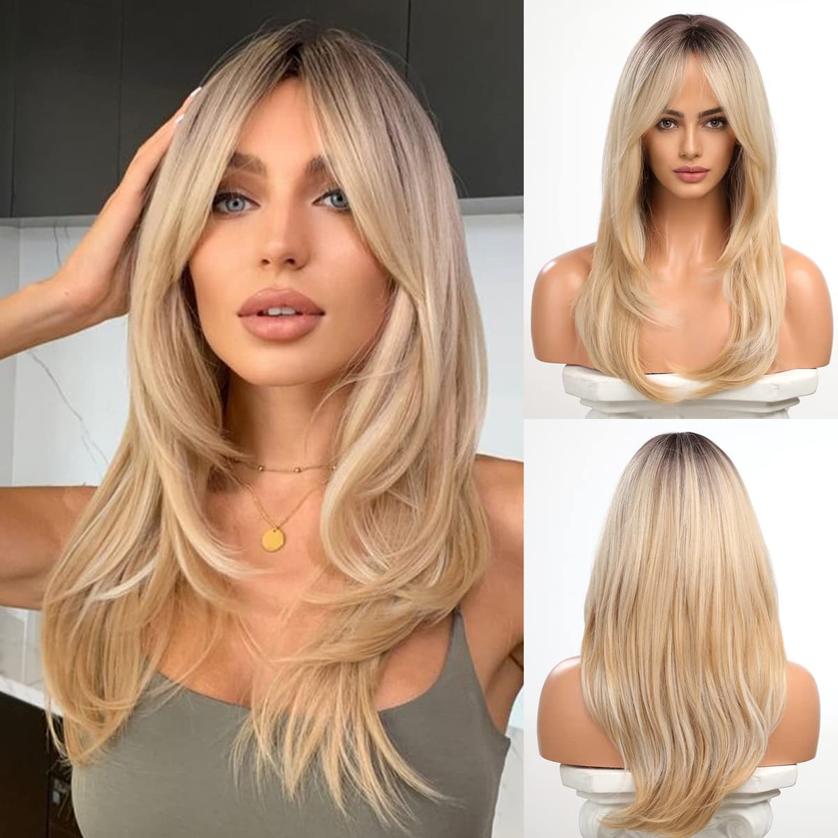 HAIRCUBE recto y corto encanto Bob lleva peluca para mujeres fiesta de fibra sintética resistente al calor natural/juego de roles/ropa/peluca diaria (Raíces marrones sombras Rubias) — view 12