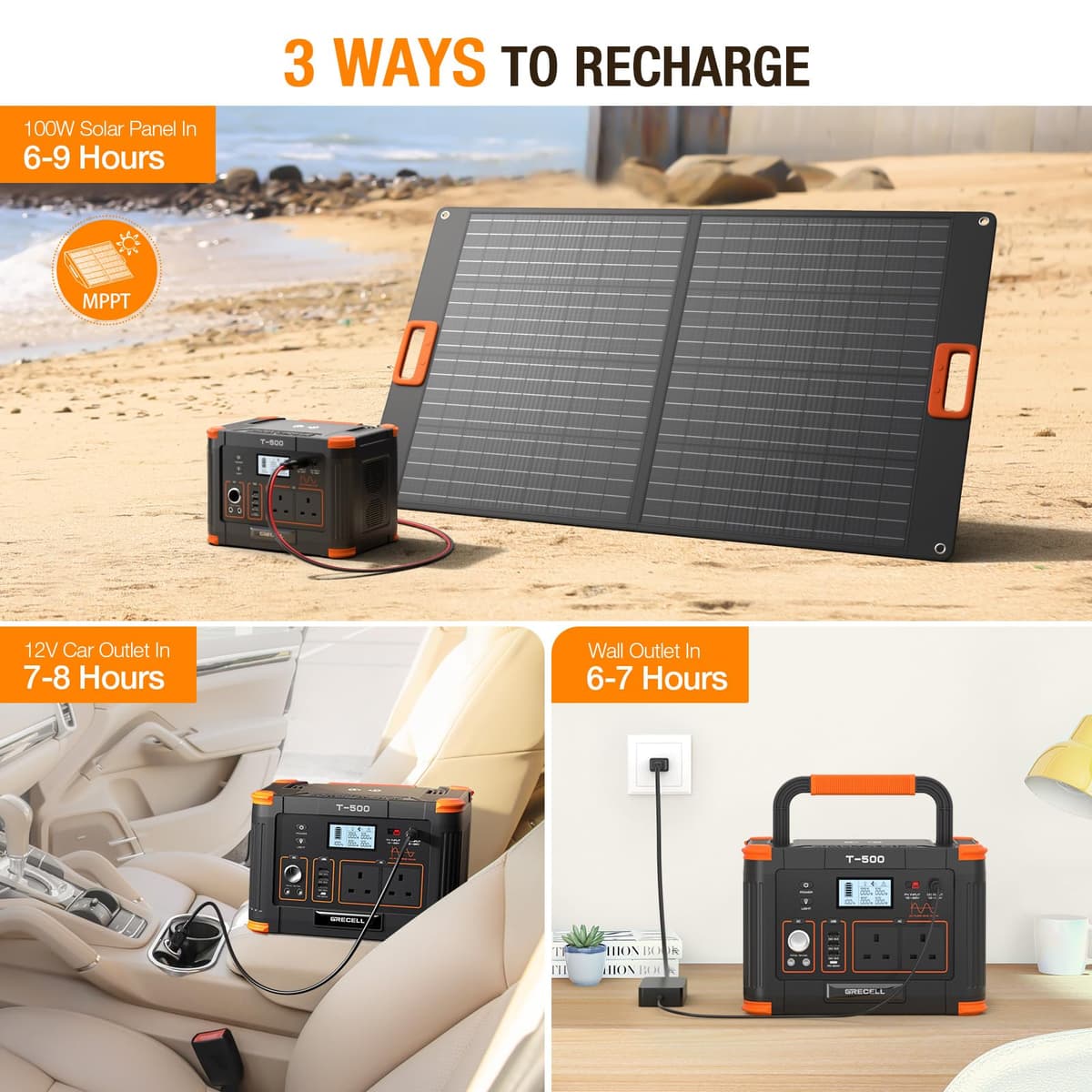GRECELL Portable Power Station 500W(Peak 1000W), 519Wh Outdoor Solar Generator Backup Battery Pack with 2 230V AC Outlets, 500W 10-Port Powerhouse for RV/Van Camping Road Trip Home Emergency, T-500 — view 5
