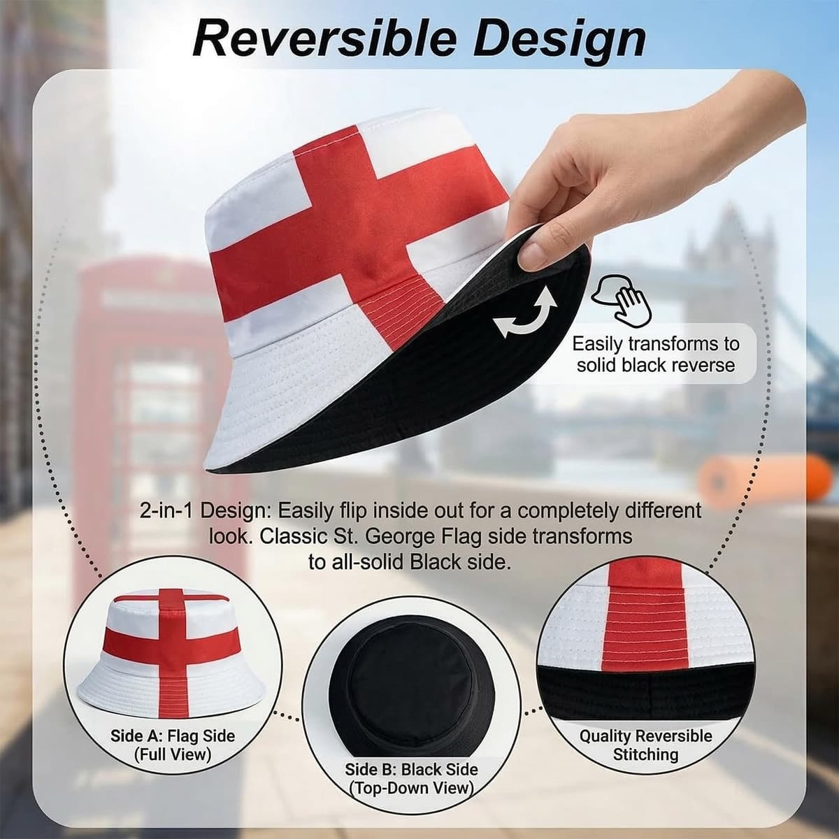 England Bucket Hat Reversible St George's Cross Polyester Sun Hat (56-58cm) Essential Football Fan Gear for Men & Women World Cup 2026 & St George's Day — view 4