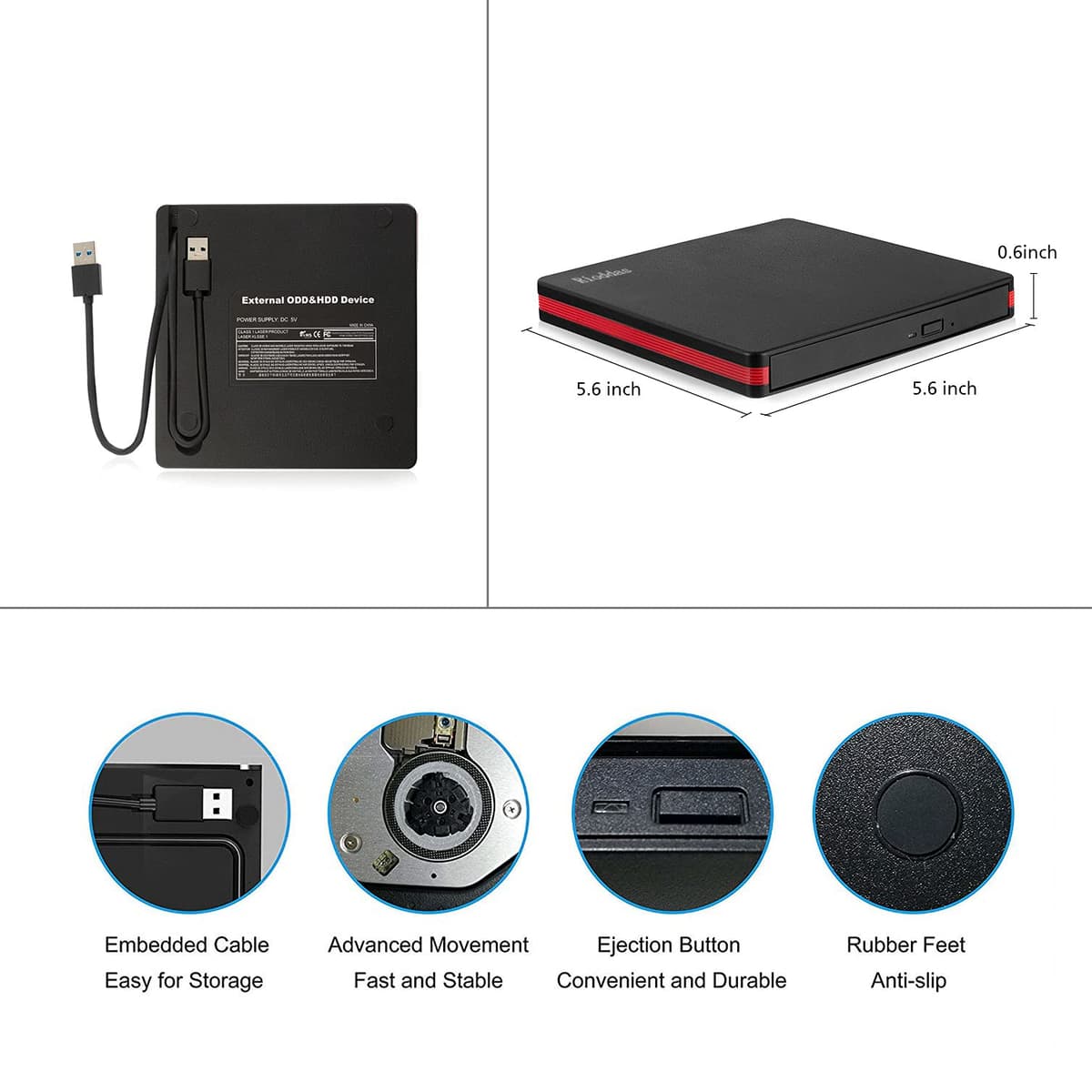 Rioddas External CD Drive, USB 3.0 Portable CD/DVD +/-RW Drive Slim DVD/CD ROM Rewriter Burner for Laptop Desktop PC Windows and Linux OS Apple Mac Macbook Pro — view 5