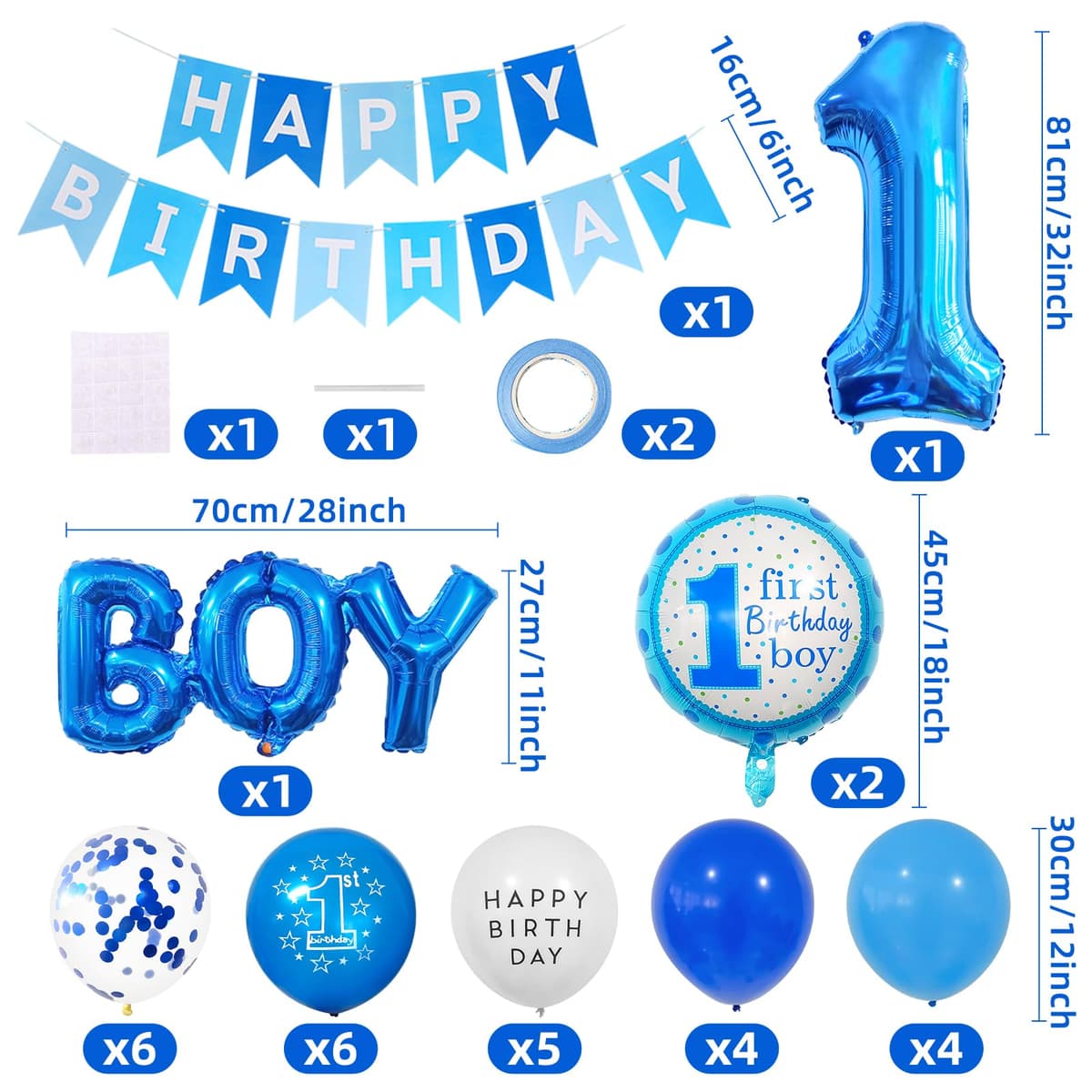 1st Birthday Decorations for Boys – Blue Happy Birthday Banner with Number 1 & BOY Foil Balloons, Confetti Balloons First Party Supplies for Baby 1 Year Old Birthday Party Decor — view 2