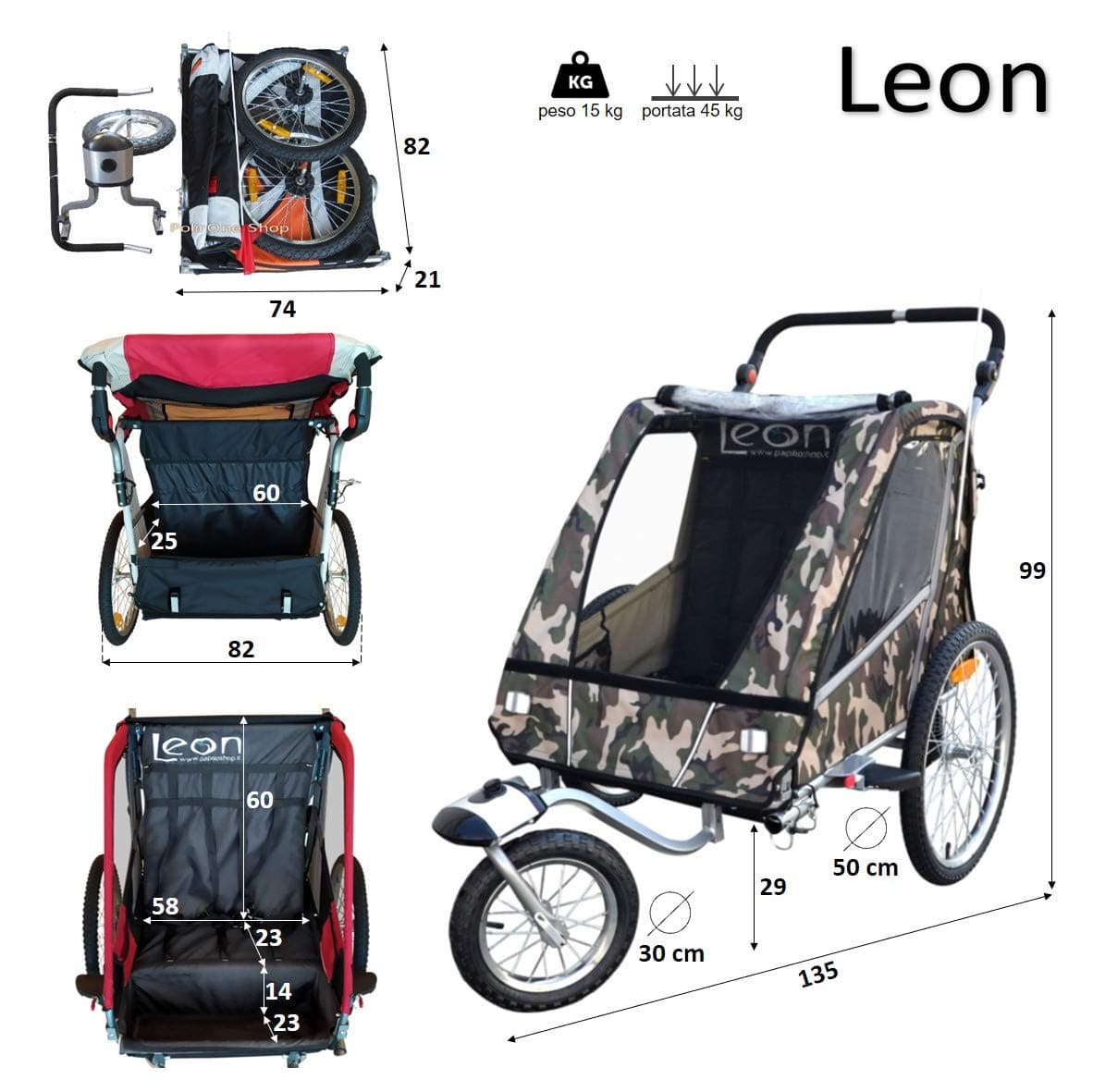 papilioshop Leon remolque Carrito Carrito para el transporte de 1 o 2 Uno Dos niño niños con la bicicleta rueda delantera piroettante bicicleta portabimbo Bimbo Bimbi portabimbi carro plegable Cochecito de con X Puerta — view 3