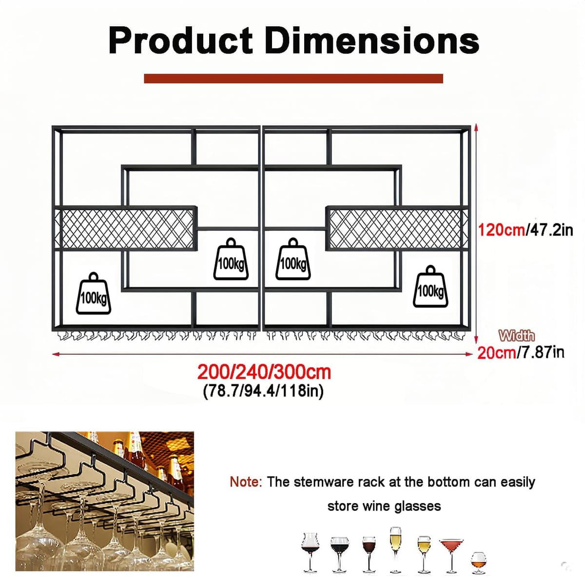 AUSKLEZU Estante de Pared para Vino con Rejilla y Luz LED | Botellero Industrial de Metal | 4Niveles con Soporte para Copas | Decorativo para Bar y Cocina (240CM) — view 2