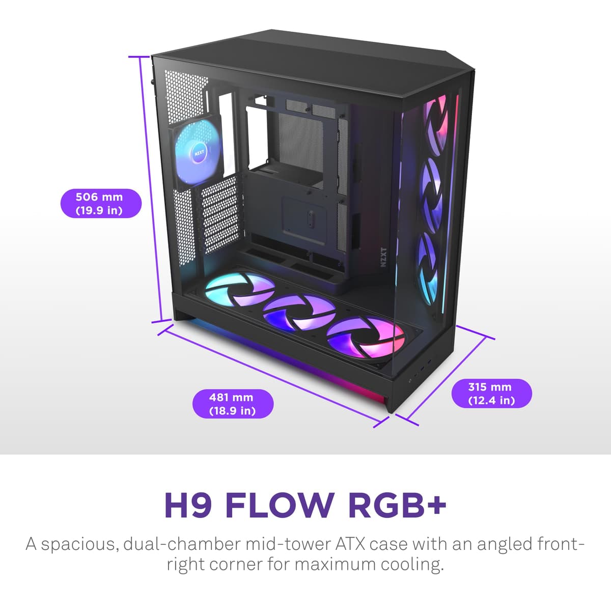 NZXT H9 Flow RGB+ (2025) – Large Dual-Chamber ATX Mid-Tower Airflow PC Case – Includes 7 RGB Fans (6 x 140mm, 1 x 120mm) & Control Hub – 420mm Radiator Support – Back-Connect Ready – Black — view 2
