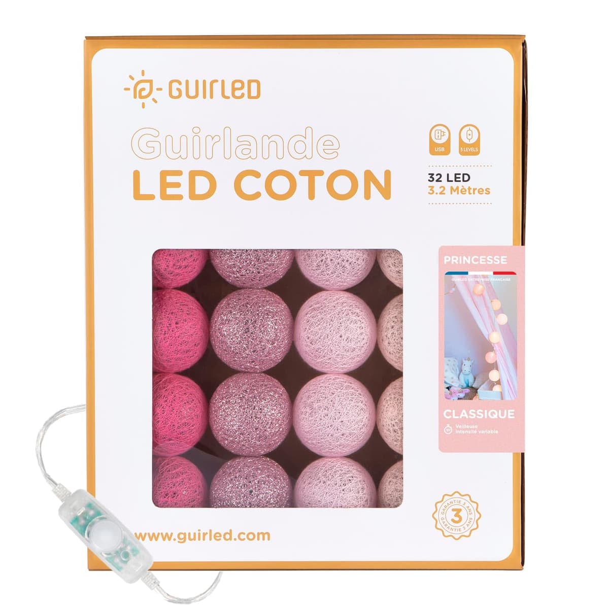 GuirLED - Guirnalda luminosa bolas de algodón LED USB- Luz de noche para bebé 2h - Adaptador de corriente dual USB 2A incluido - 3 intensidades - 16 bolas 1,6m - Byzantin — view 66