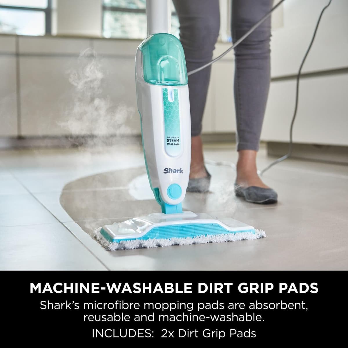 Shark Steam Mop, Lightweight Steam Mop for Hard Floors with 2 Machine Washable Cleaning Pads & Fill Flask, 375ml Capacity, 5.5m Power Cord, 30 Second Heat-Up, White & Green S1000UK — view 4