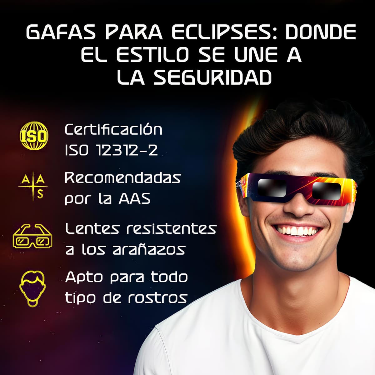 Galaxium 6 & 12 Gafas Eclipse Solar Homologadas ISO 12312-2 - Aprobadas AAS 2026 - Certificadas CE - Seguras para Observación Directa - Gafas para Ver Eclipse Solar — view 2