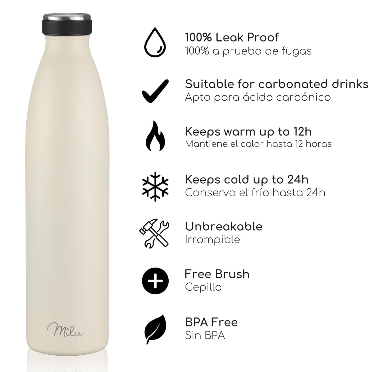 Milu Botella de acero inoxidable de 350ml 500ml 750 ml 1 L 1,5 L botella de agua aislada, termo a prueba de fugas, doble pared, apta para ácido carbónico + cepillo de limpieza (Azul Violeta, 350ml) — view 176