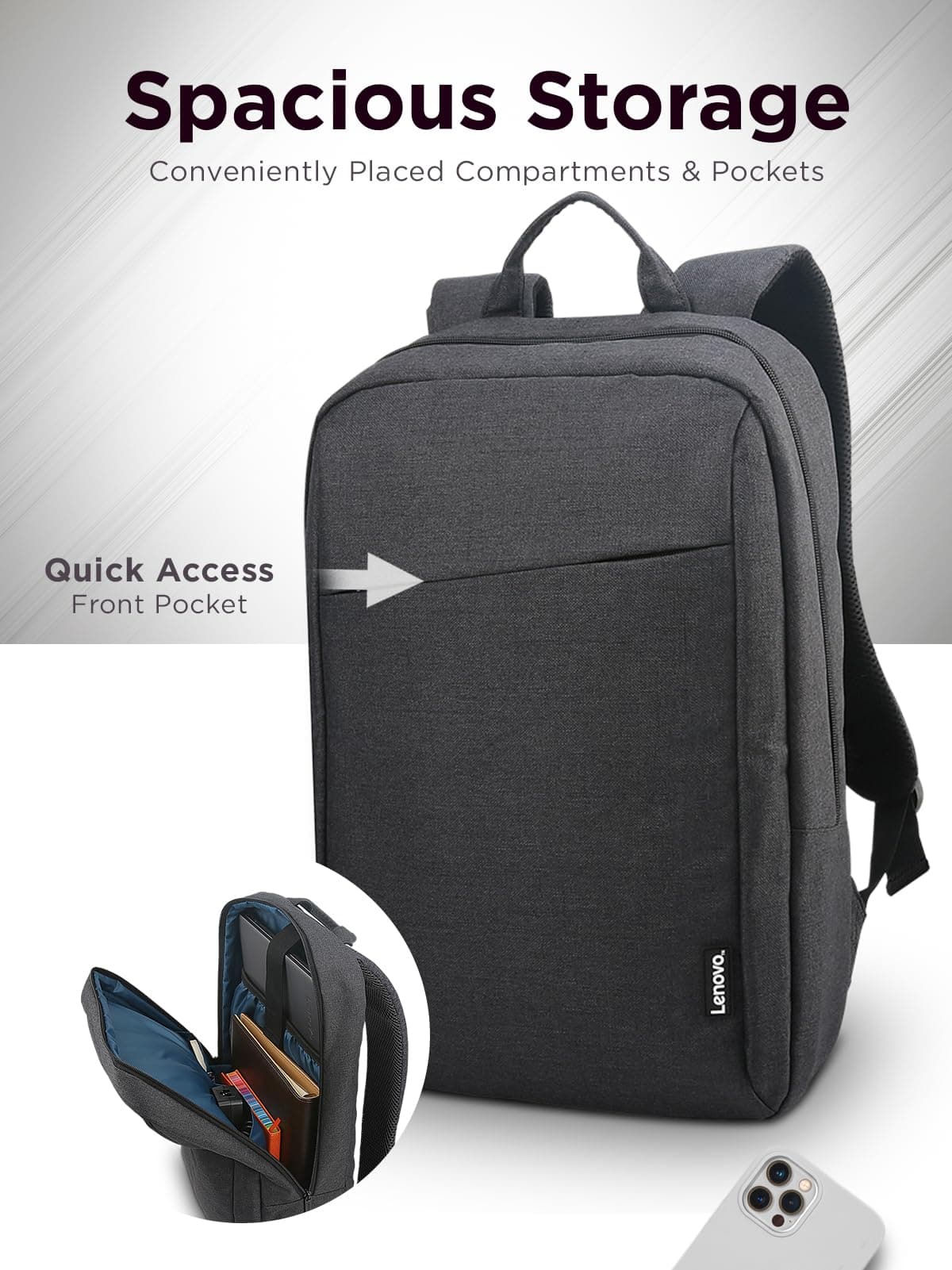 Lenovo Laptop Backpack B210, 15.6-Inch Laptop/Tablet, Durable, Water-Repellent, Lightweight, Clean Design, Sleek for Travel, Business Casual or College, GX40Q17225, Black — view 2