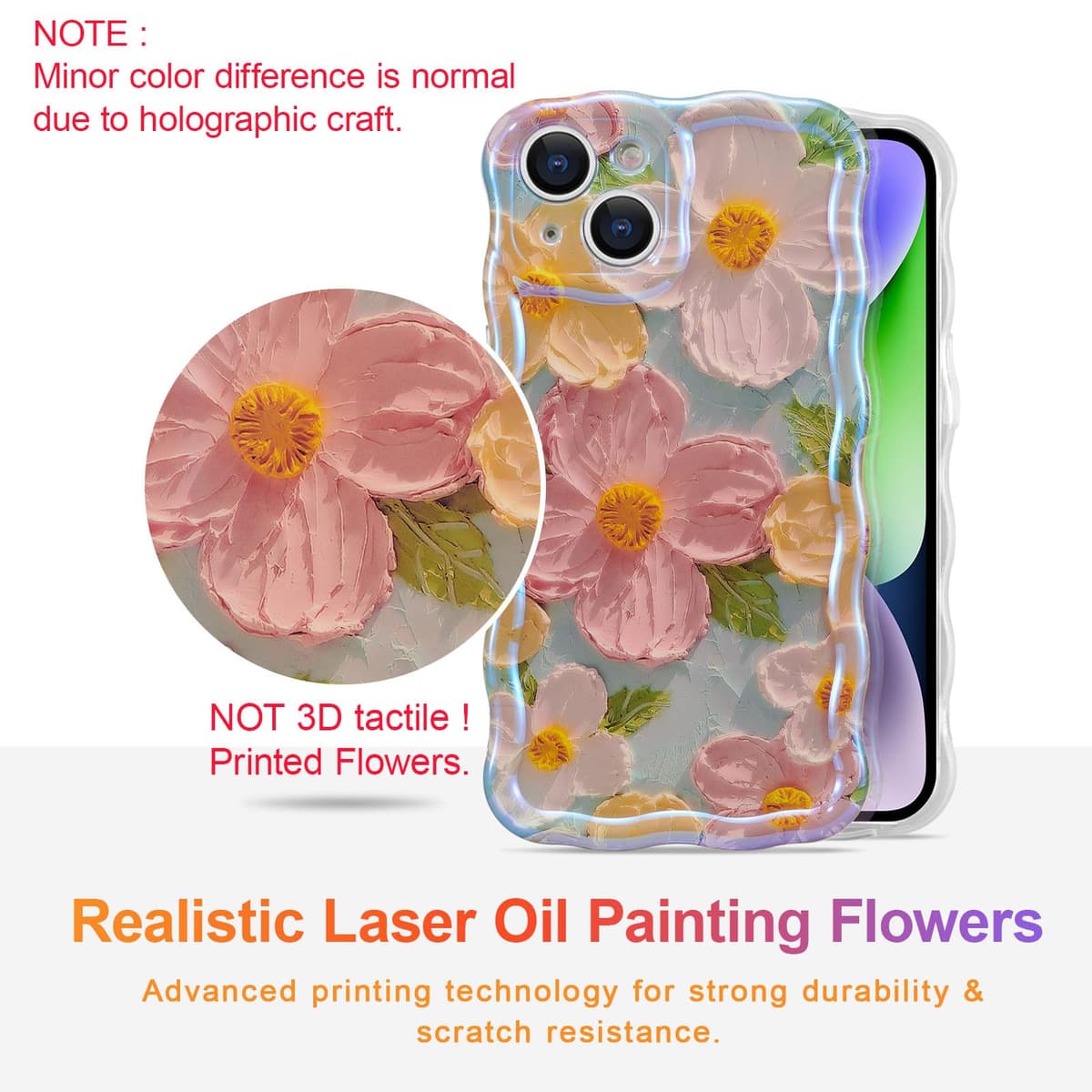 EYZUTAK Case for iPhone 15, Colorful Retro Oil Painting Flower Laser Beam Glossy Pattern Cute Curly Waves Border Exquisite Phone Cover Stylish Durable Soft TPU Protective Case for Girls Women - Green — view 2