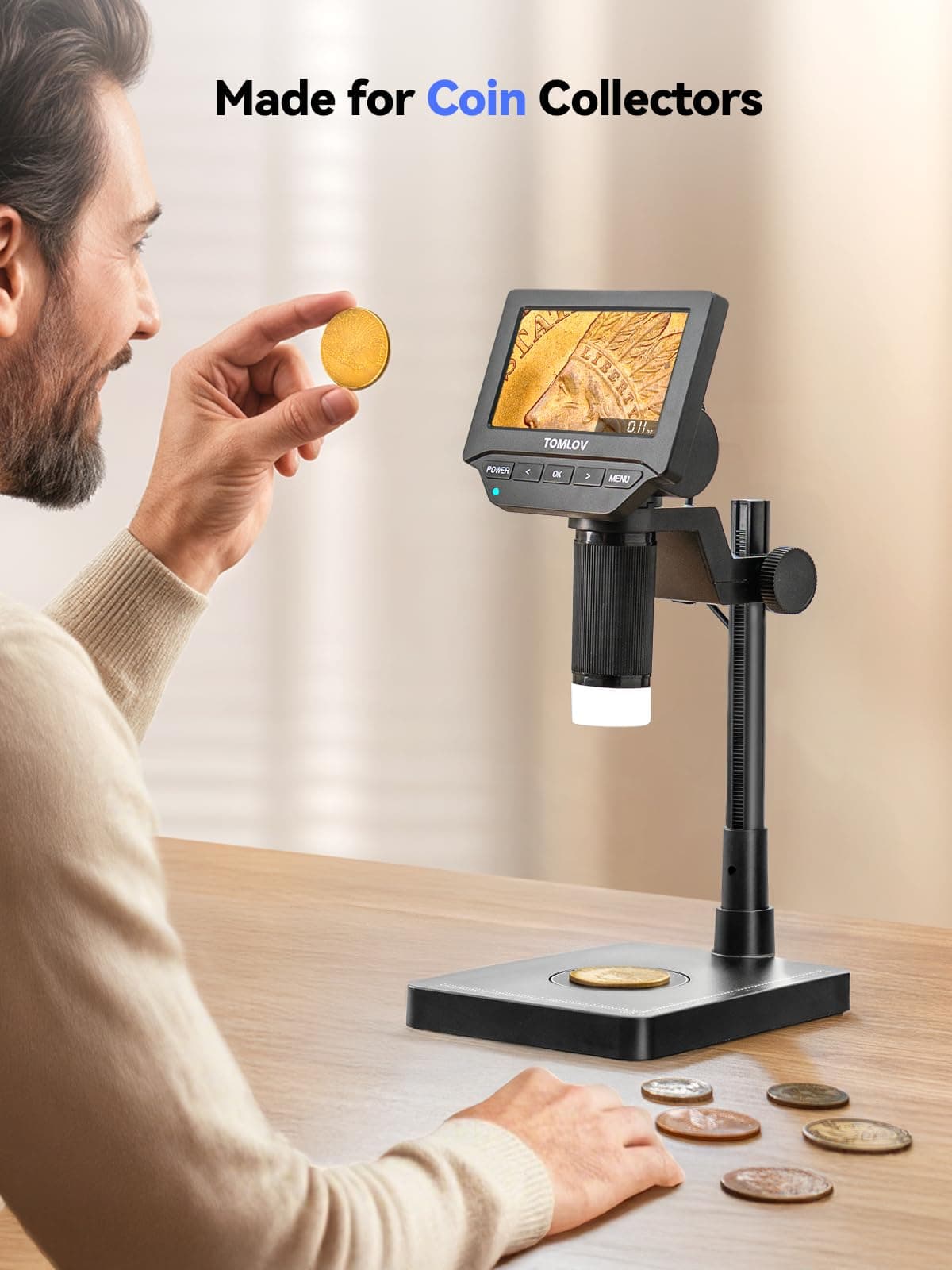 TOMLOV DM4W Digital Microscope with Scale: Coin Microscope with 4.3" IPS Screen, Coin Magnifier with Light, Precise Scale for Collectors, Jewelers, Compatible PC/Mac — view 4