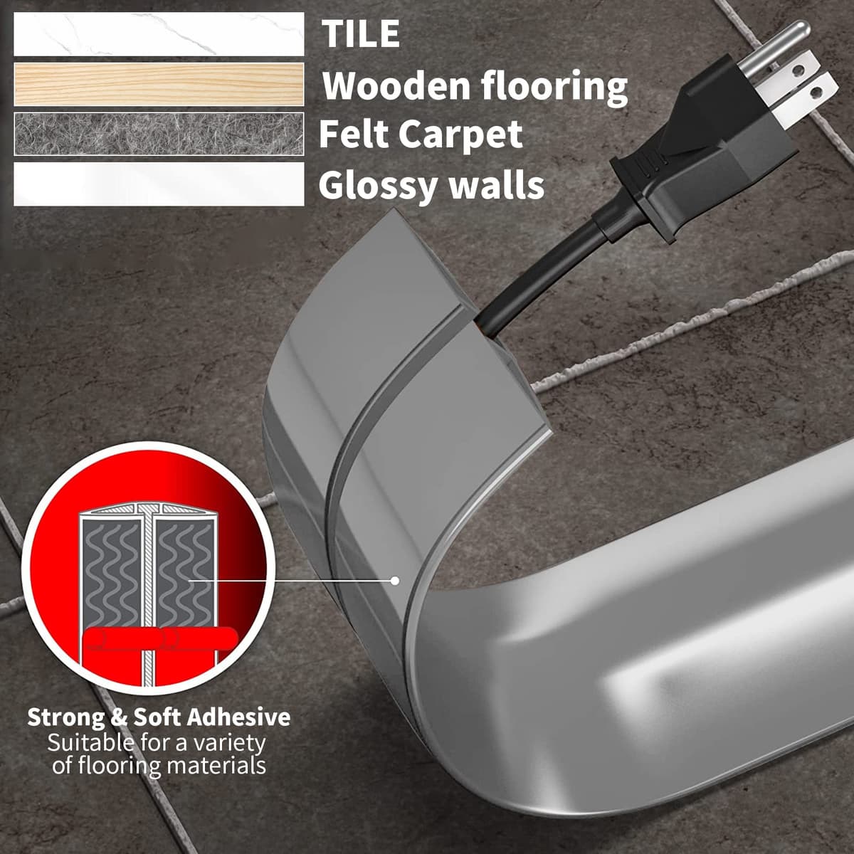 Pasacables Suelo, Canaleta Cables Suelo, 3.0M x 3cm Protector de Cables para Suelo, Cubiertas de Suelo para Cables Autoadhesiva Montaje para Todos los Hogar, Oficina, Escuela, Almacén(Gris-Redondeado) — view 5