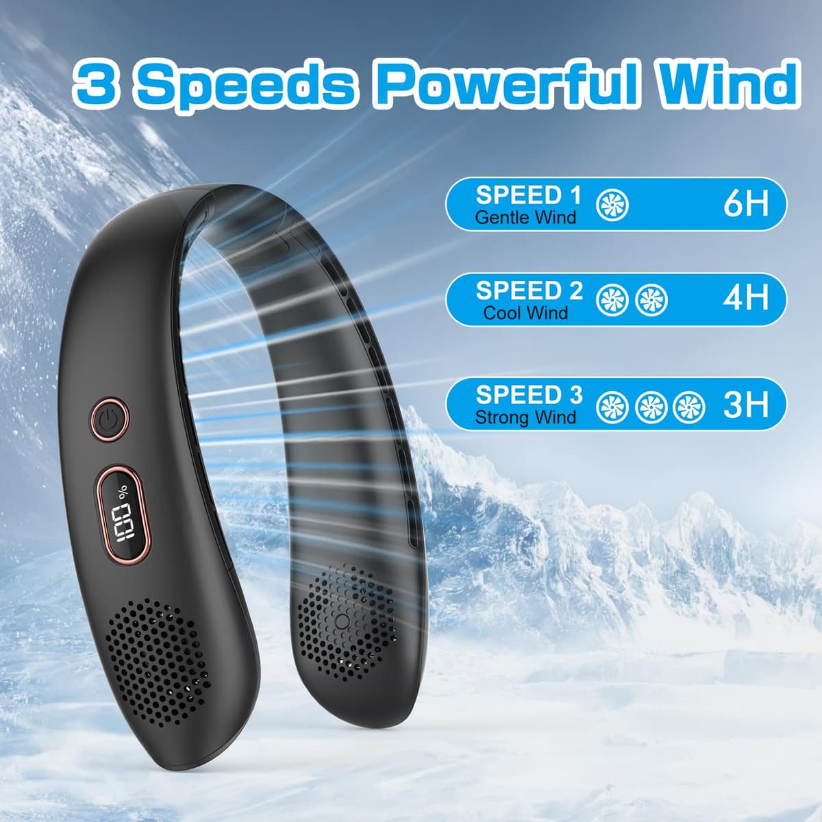 Ventilador de Cuello Portátil, Silencioso, con Flujo de Aire de 360°, Recargable por USB y 3 Velocidades. Ventilador sin Aspas Ideal para la Oficina, Viajes, Hogar Aire Libre (Negro) — view 2