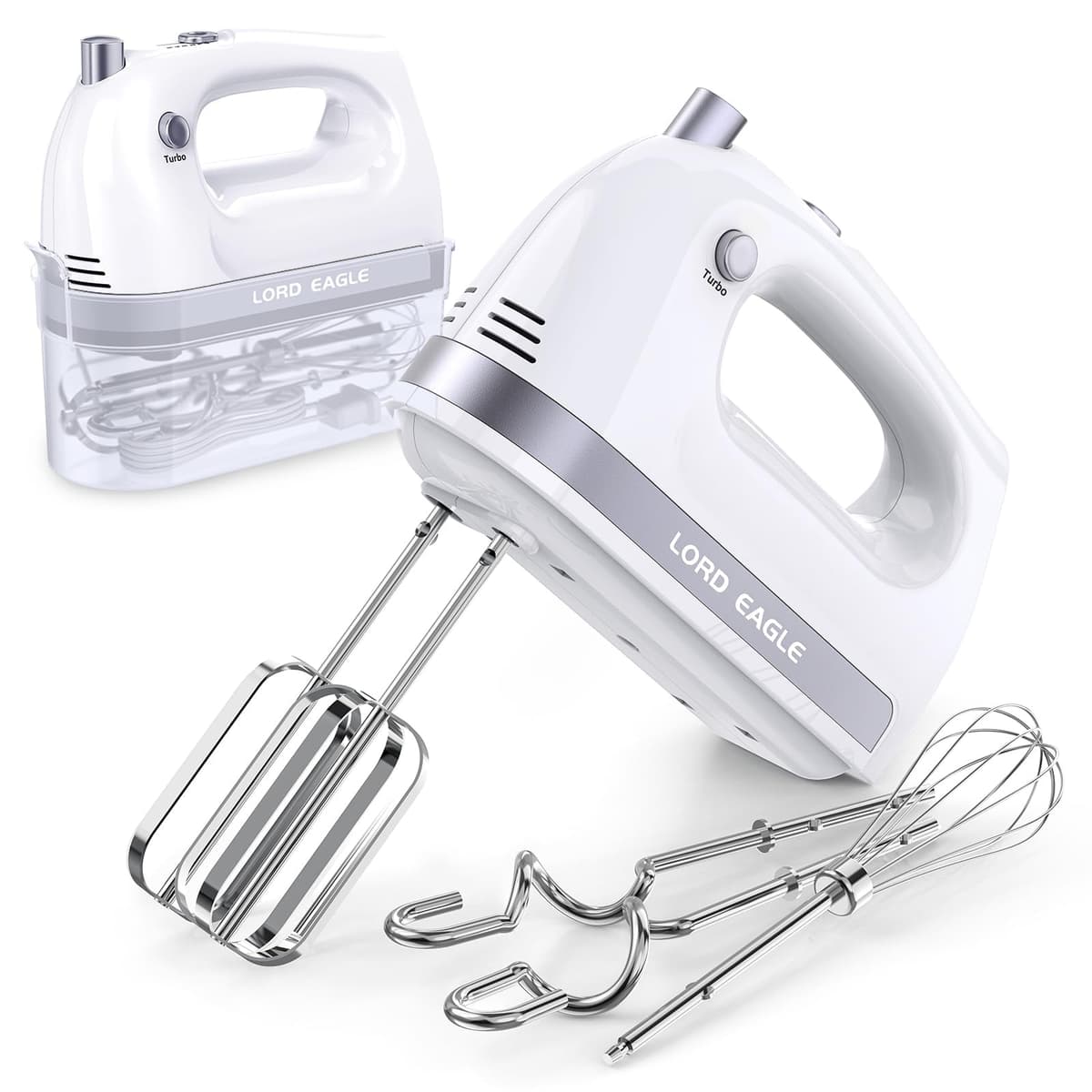 Lord Eagle Hand Mixer Electric Whisk, 400W Power Handheld Mixer for Baking Cake Egg Cream Food Beater, Turbo Boost/Self-Control Speed + 5 Speed + Eject Button + 5 Accessories, Purple — view 10