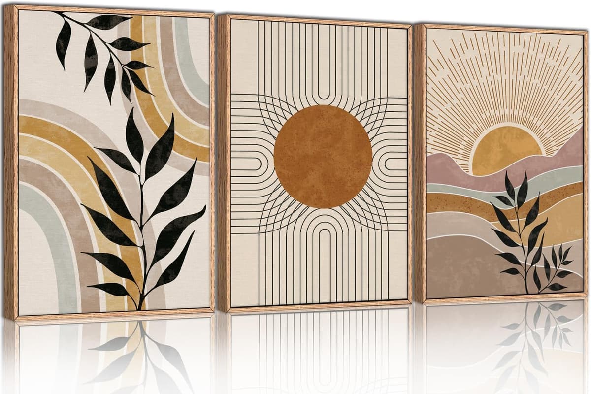 TOARTi Boho Framed Canvas Wall Art Prints, Set of 3 Mid Century Modern Wall Decor, Nature Plants Desert Sun Art Paintings, Bohemian Artwork for Living Room, Bedroom, Dining Room, Office - 12x16 x3