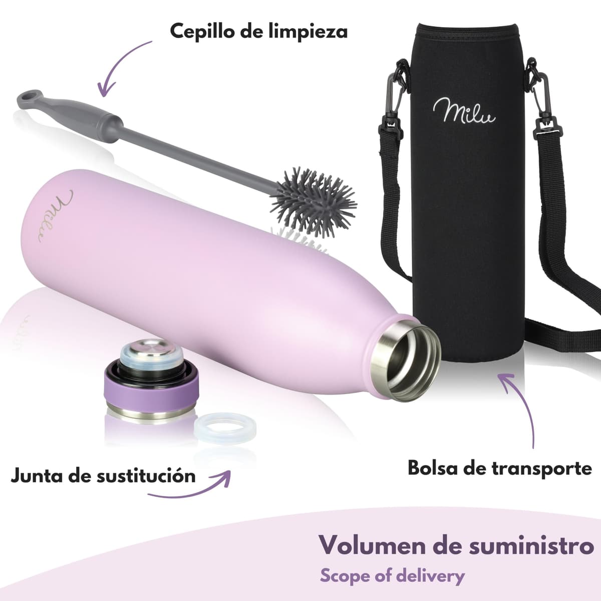 Milu Botella de acero inoxidable de 350ml 500ml 750 ml 1 L 1,5 L botella de agua aislada, termo a prueba de fugas, doble pared, apta para ácido carbónico + cepillo de limpieza (Azul Violeta, 350ml) — view 181