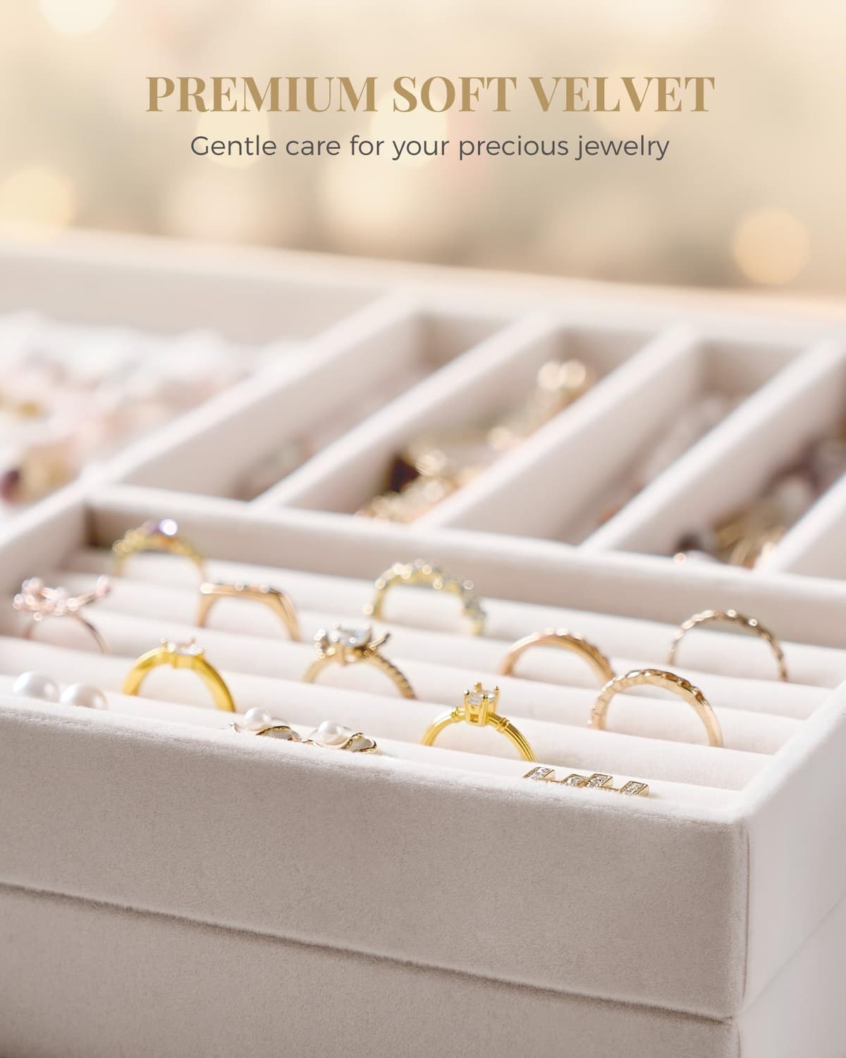 Lolalet Insertos para Cajón de Joyas, Bandejas Apilables de Terciopelo, Juego de Organizadores y Expositores para Collares, Pulseras, Aretes, Anillos, Cadenas, Brazaletes, Relojes - Beige, Juego de 4 — view 7