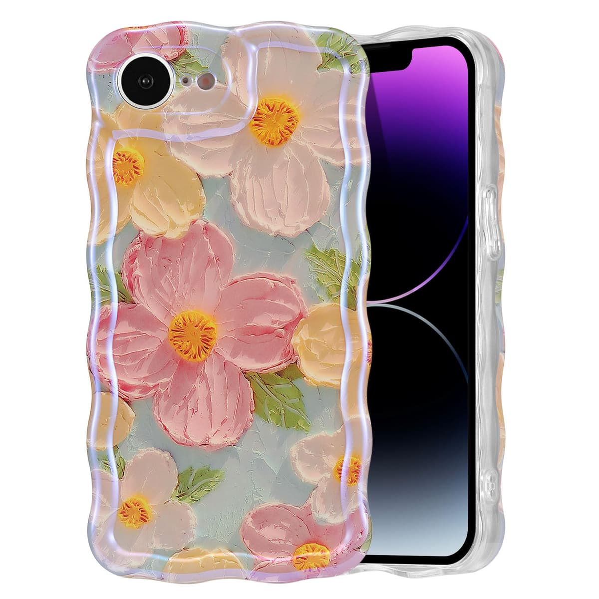 EYZUTAK Case for iPhone 16, Colorful Retro Oil Painting Printed Flower Laser Glossy Pattern Cute Curly Wave Edge Exquisite Phone Cover Stylish Durable TPU Protective Case for Girl Women-Green — view 65