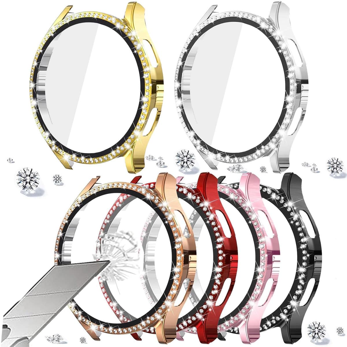 DEALELE [2-PACK] Case Compatible with Samsung Galaxy Watch FE / 5/4 40mm, Bling Double-row Diamond PC Protective Case Protector Cover, 40mm, Rose gold + Transparent — view 117