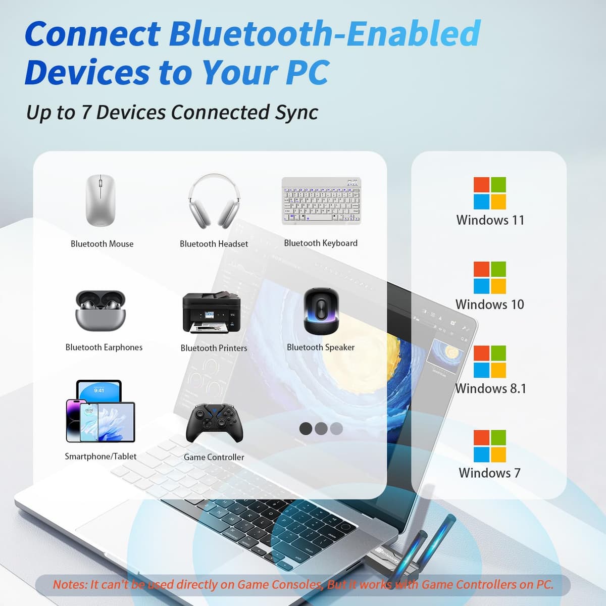 Long Range USB Bluetooth 6.0 Adapter for PC, Built-in PA Enhanced 5dBi High Gain Wireless Dongle w/Dual Antennas, Supports Windows 11/10/8.1/7 Laptop Desktop, NOT For TV, Mac, Car Stereo — view 2