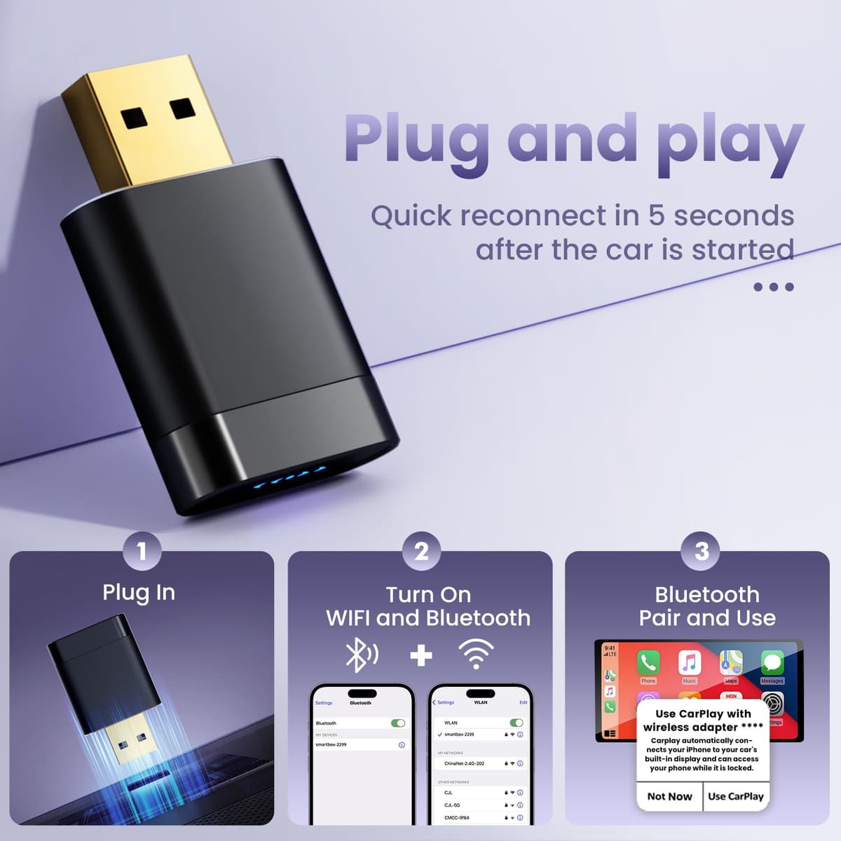 Mini Wireless CarPlay Adapter for Apple & Android Auto, Easy to Use Bluetooth Dongle with Fast Stable Connection, Converts Wired to Wireless Car Play Adapter, for Cars from 2016 with USB-A/C — view 4