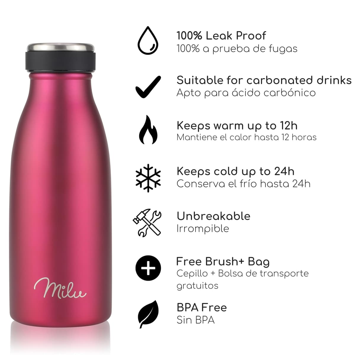 Milu Botella de acero inoxidable de 350ml 500ml 750 ml 1 L 1,5 L botella de agua aislada, termo a prueba de fugas, doble pared, apta para ácido carbónico + cepillo de limpieza (Azul Violeta, 350ml) — view 40