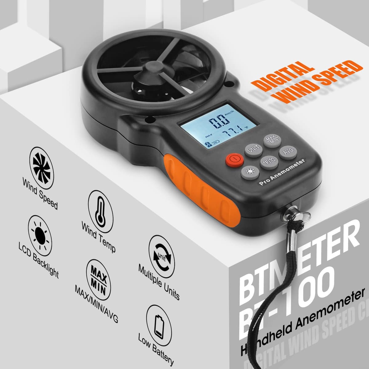 Digital Anemometer Handheld - BTMETER BT-100 Wind Speed Meter Gauge, Accurately Measure Wind Velocity Temperature Speed for CFM with MAX/MIN/AVG, Backlight LCD, HVAC — view 2
