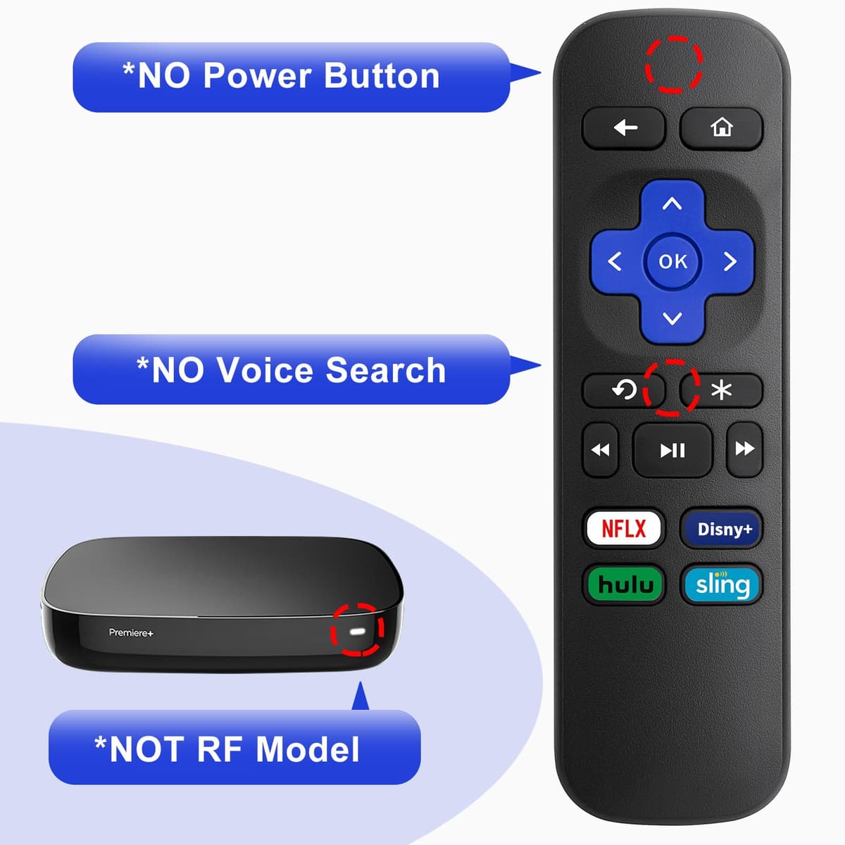 Replacement Remote Control for Roku 1 2 3 4 HD LT XS XD, Roku Express 3900R, Roku Premiere 4620XB 4210XB 3900R 2500R 2700R 2450XB - NOT for Any Roku Stick or Roku TV — view 3