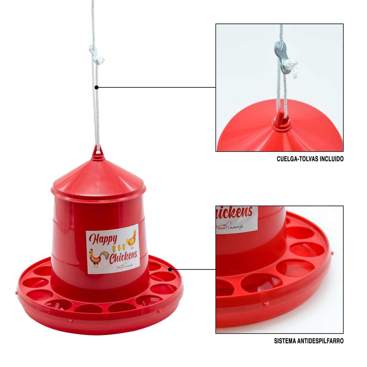 FINCA CASAREJO Comedero para Gallinas con Sistema Antidespilfarro - Tolva Happy Chickens 12 kg - Plástico Resistente para conservar el alimento - Incluye Guía Práctica de Alimentación — view 3