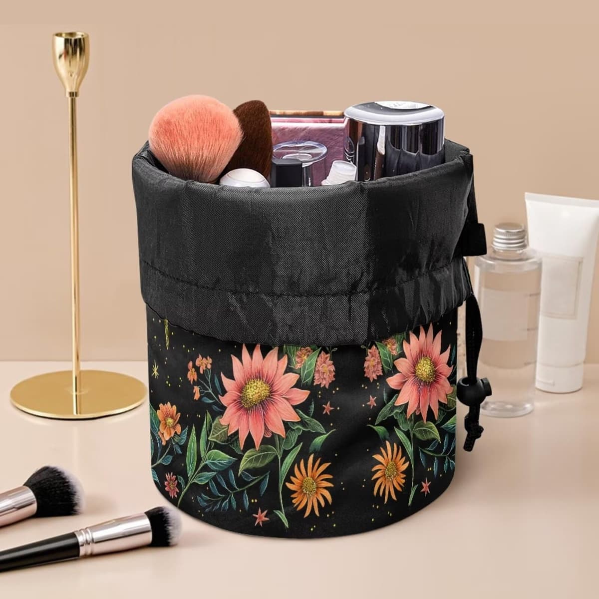 chaqlin Moon Dragonfly Floral Travel Cosmetic Bags Barrel Makeup Bag,Women Girls Portable Foldable Cases Multifunctional Toiletry Bucket Bags Round Organizer Storage Pocket — view 3