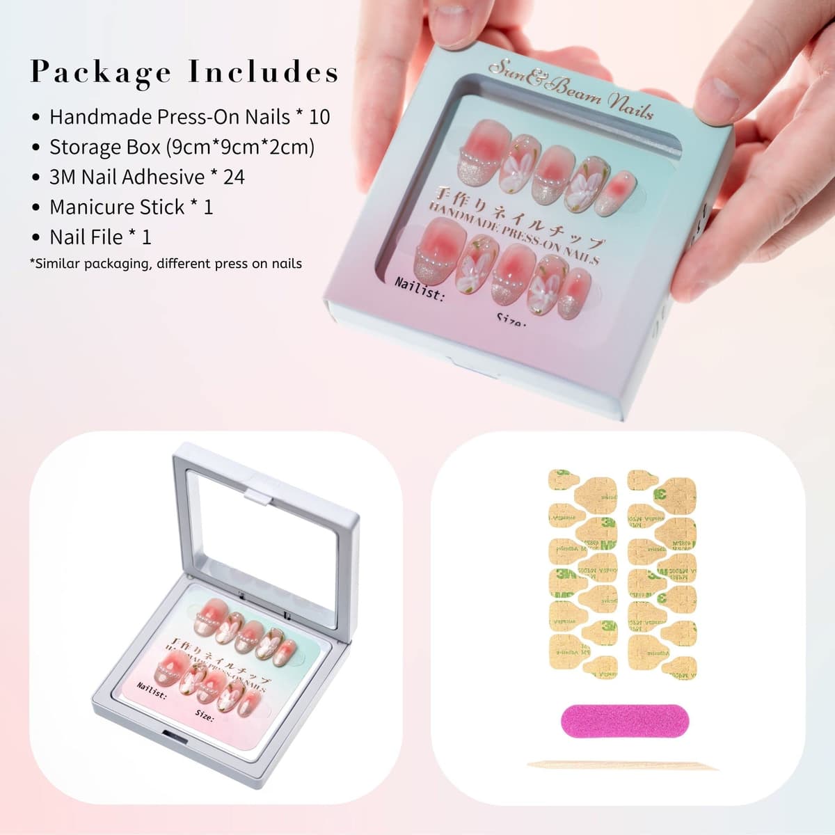 Sun&Beam Nails Handmade Press On Nail Long Coffin Ballerina Pink Flower Acrylic Fake Tip 3D Design Art Charms Cute with Storage Box 10 Pcs (S) — view 19