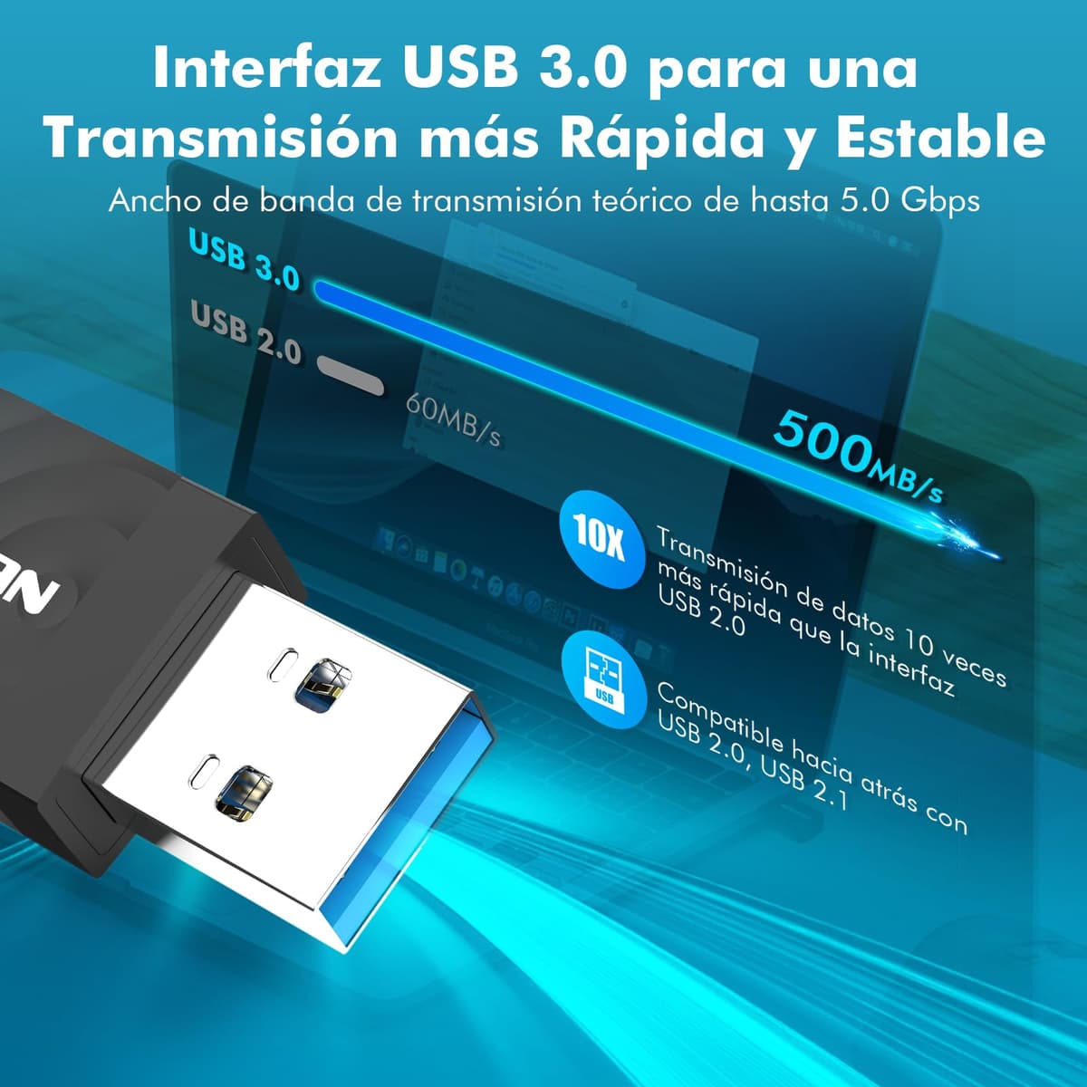 NEWFAST Adaptador WiFi USB para PC 1300Mbps, 5GHz/2,4GHz Receptor WiFi, Dongle Wi-Fi Antena Wi-Fi USB3.0, Compatible Windows 11/10/8/8.1/7,Mac OS 10.9-10.15 — view 3