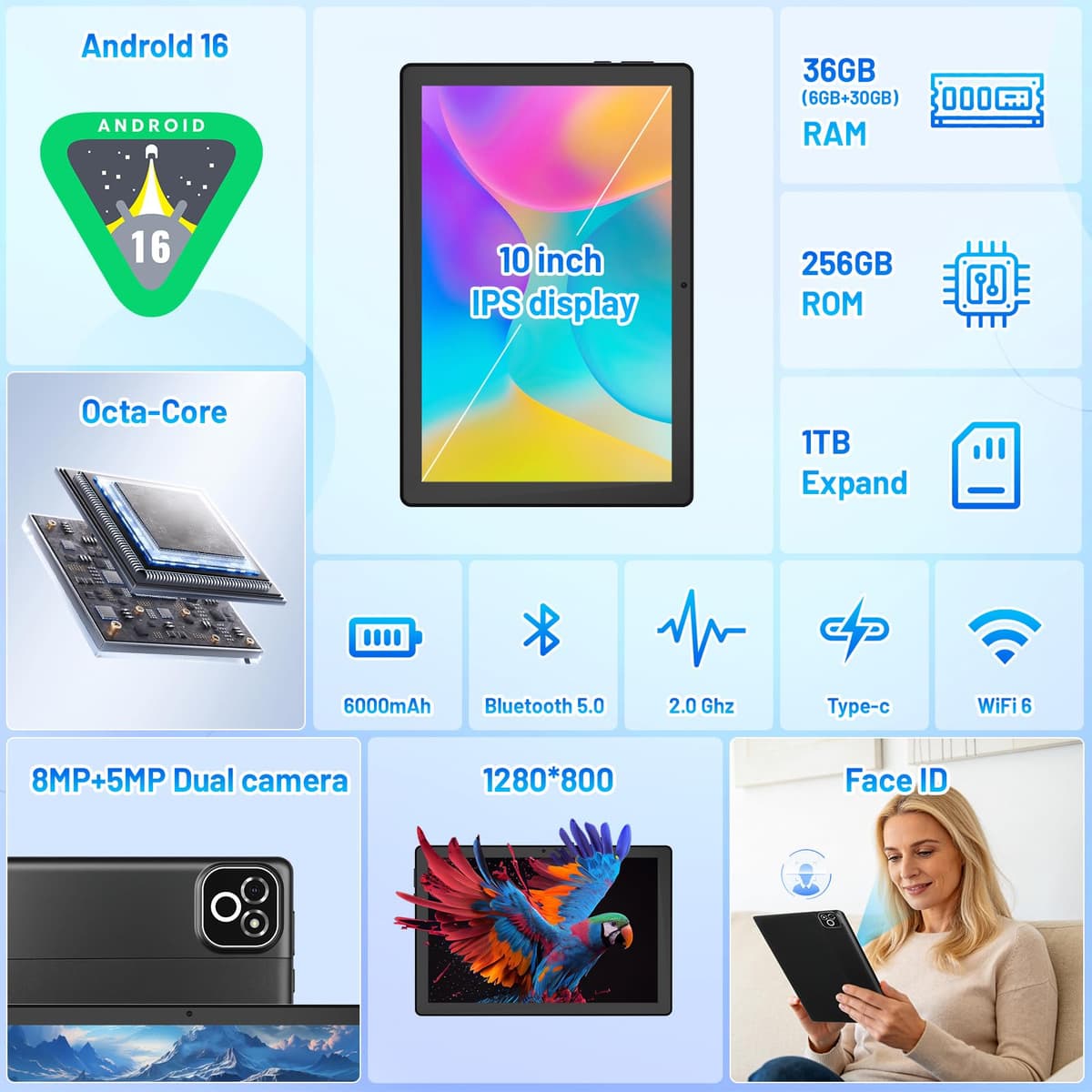 Tablet de 10 Pulgadas, Android 16 Tablet con Teclado, Octa Core, 36GB RAM 256GB ROM (1TB TF Expand) Cámara 5MP + 8MP 6000mAh Tablets de PC Touch Pad con Stylus Ratón Auricular y Caja — view 2