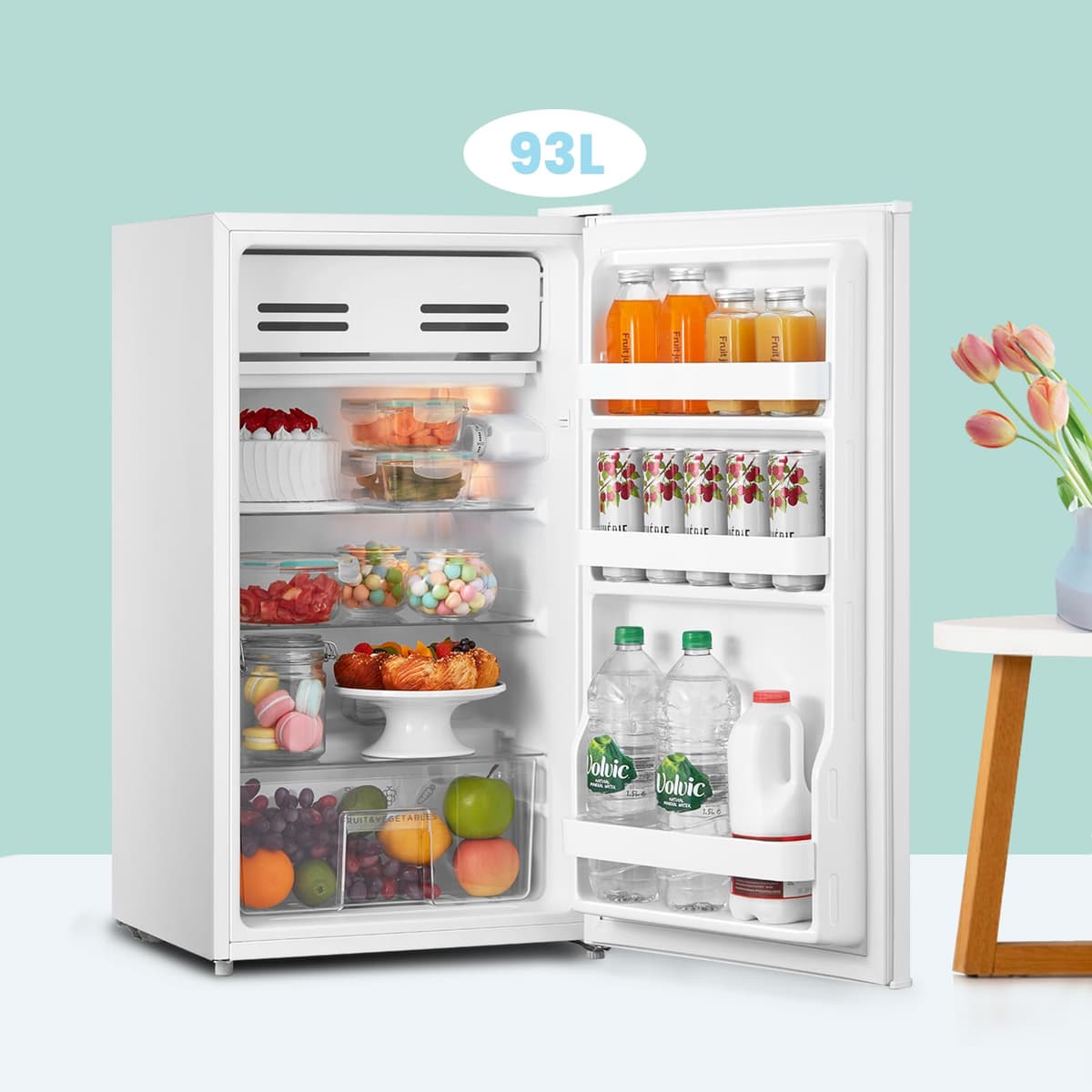 COMFEE' RCD93WH2(E) Under Counter Fridge, 93L Freestanding Refrigerator with Cooler Box, Adjustable Thermostat, Reversible Door, Removable Glass Shelves, Interior Light, White — view 3