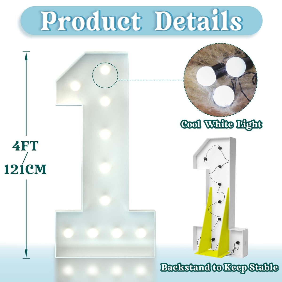 4FT Light Up Numbers Birthday Decoration Large Marquee Numbers 1 for 1st 18th 21st Birthday Party Decor Wedding, Big Number Frame Foam Cardboard Mosaic Arch Stand Pre-Cut Numbers — view 4