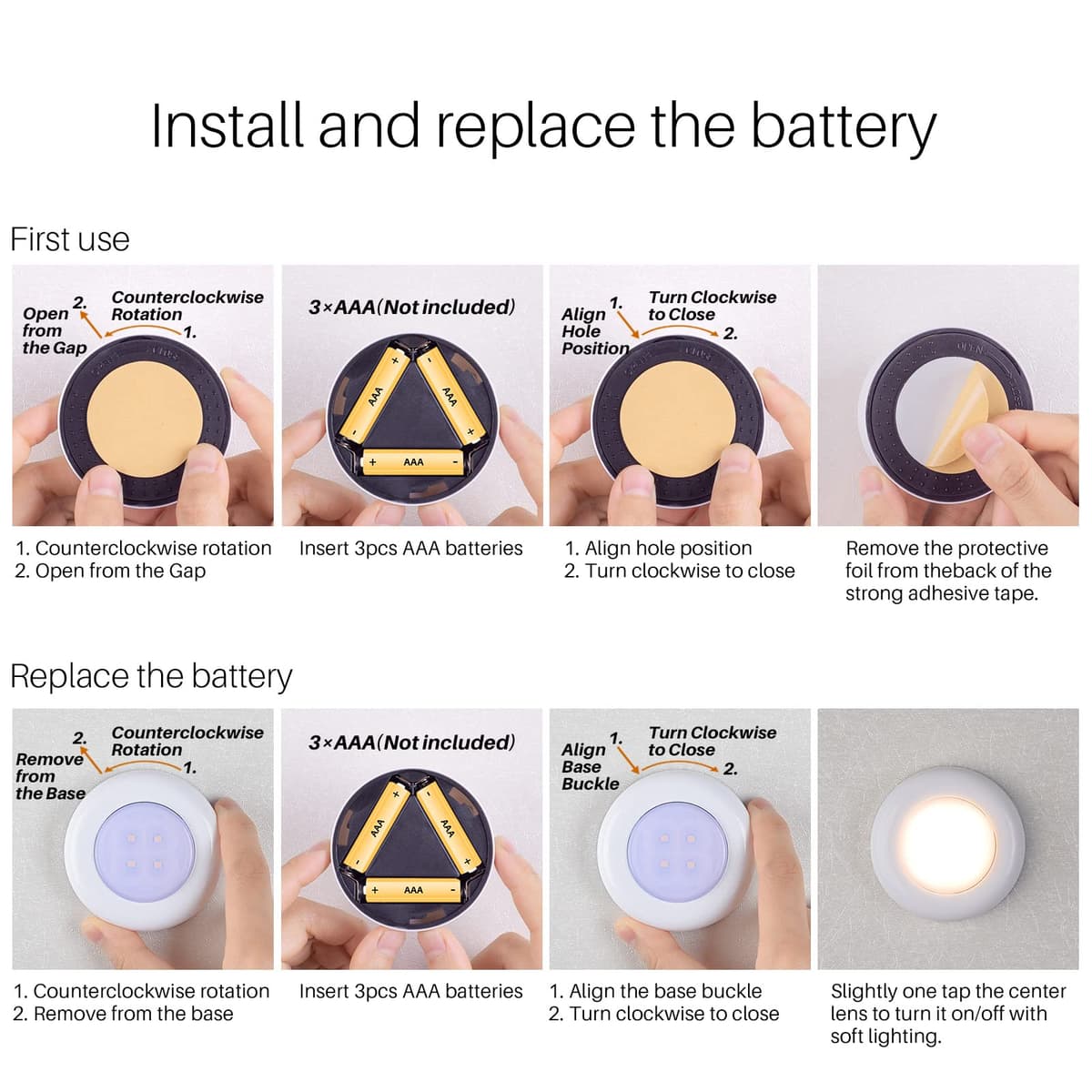 STAR-SPANGLED Tap Light Push Lights, Stick on LED Touch Puck Light AAA Battery Operated, Press Spot Lighting Indoor for Under Cupboard, Wardrobe, Cabinet, Closet, Kitchen (2.8inch, Warm White, 5 Pack) — view 5
