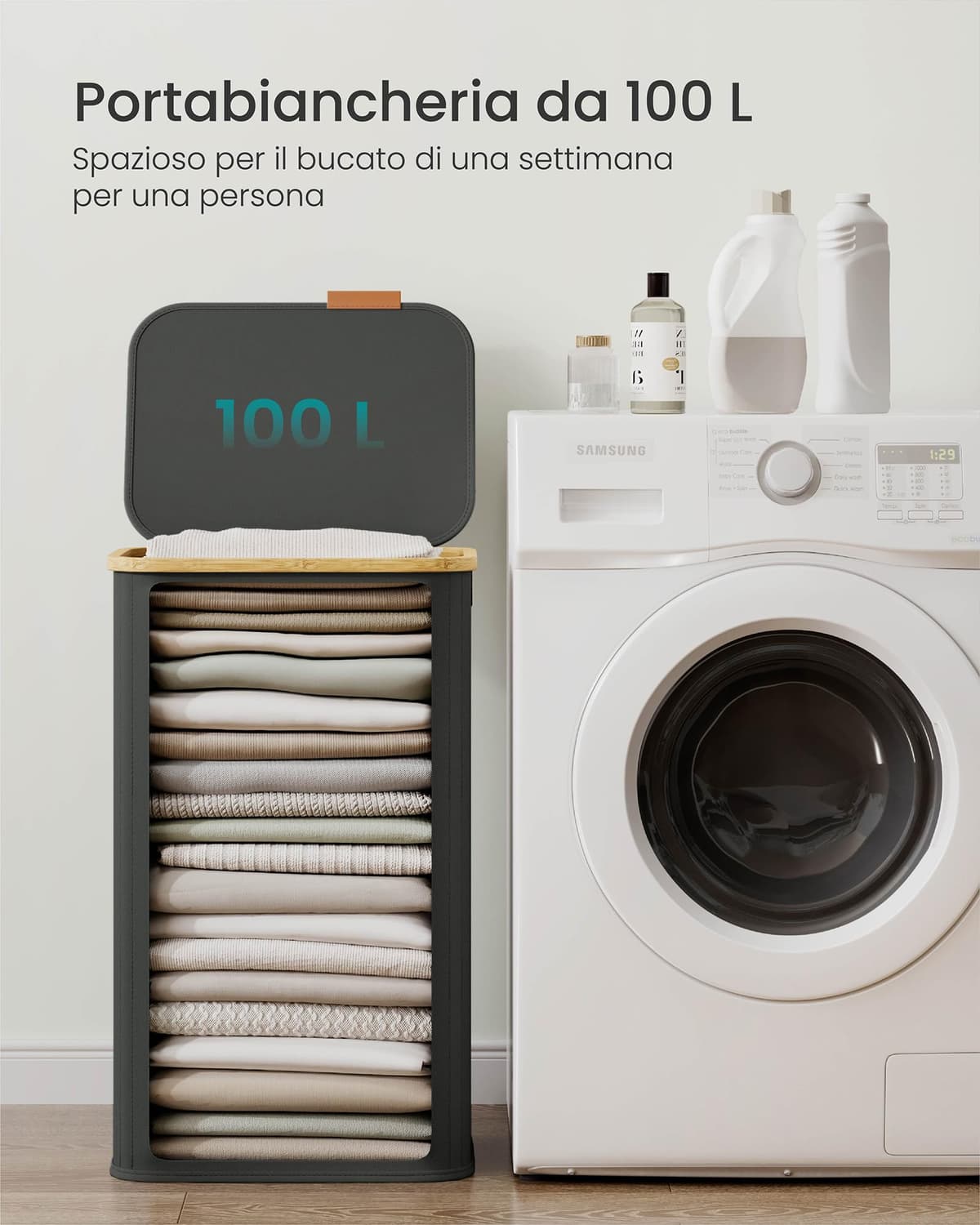SONGMICS Cesto de Ropa con Tapa, Recogedor de Colada, Tejido de Oxford, Plegable, Marco de Bambú, Lavadero, Dormitorio y Salón, 100 L, 42 x 32 x 70,5 cm, Gris Pizarra LCB518GN01 — view 4