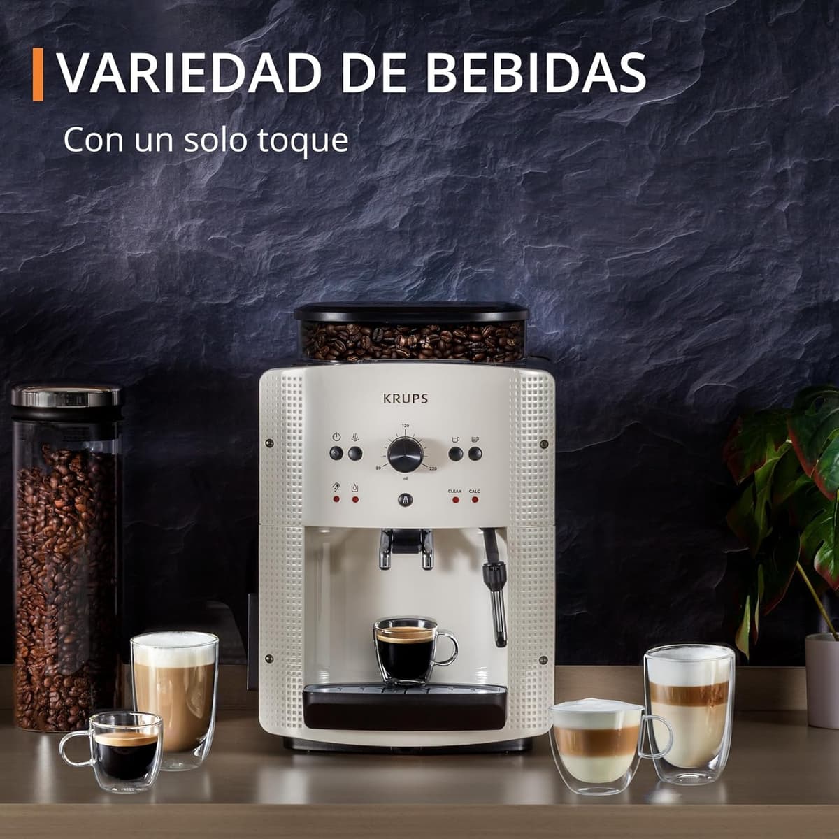 Krups Roma, Cafetera superautomática, Depósito de agua 1,6 L, 3 niveles de temperatura, 3 niveles de intensidad, 15 bares, Molinillo cónico de metal, Panel de control fácil, Blanca, EA8105 — view 5