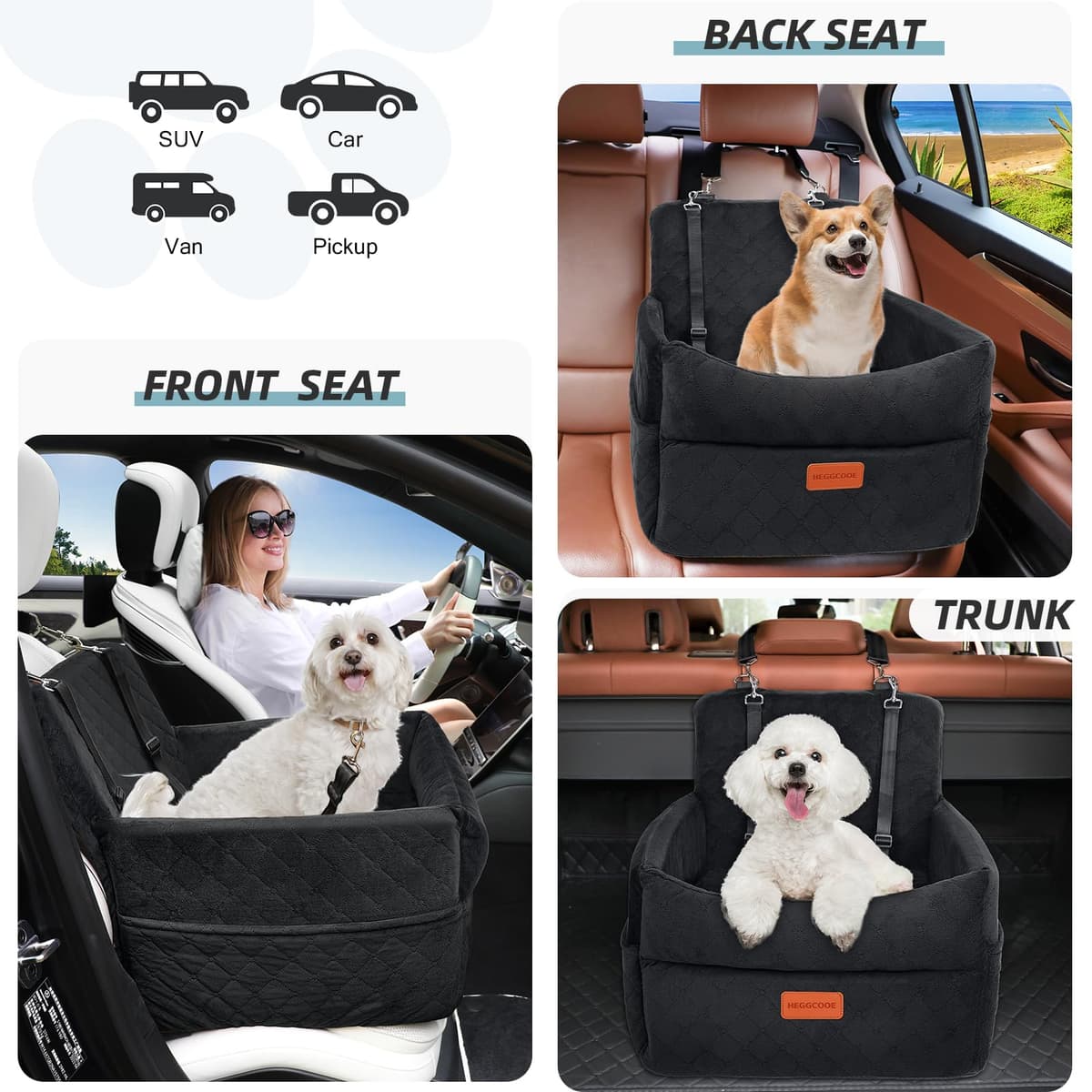 HEGGCOOE Small Dog Car Seat, Memory Foam Dog Booster Seats with Thick Cushion for Medium Dogs Under 35lbs, Detachable Washable Pet Car Seat with Storage Pockets,2 Safety Belts — view 4