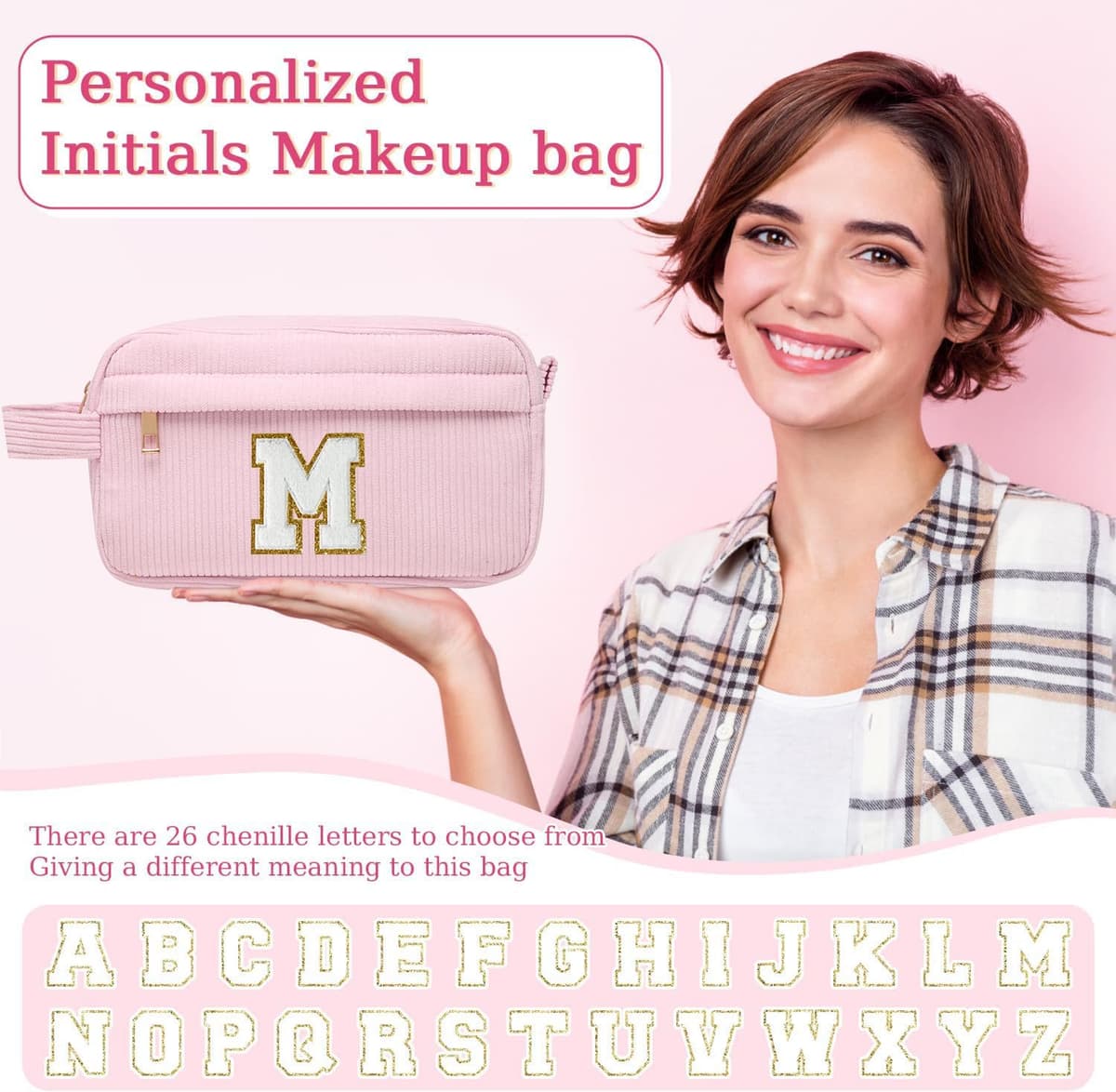 Neceser Maquillaje Mujer Personalizado Inicial, Bolsa de Cosméticos de Viaje, Gran Capacidad Neceser de Maquillaje de Pana, Regalo Cumpleaños Navidad para Mujeres Novias Mejores Amigas, Rosa P — view 3