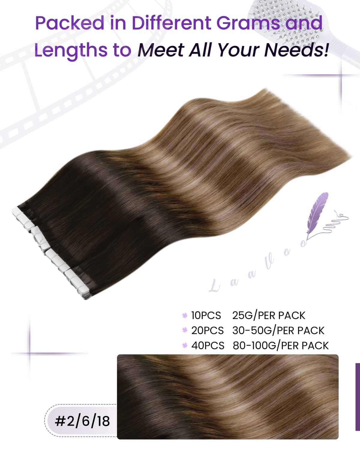 LaaVoo Tape in Hair Extensions Human Hair Blonde Tape Hair Extensions Real Human Hair Invisible Tapes Remy Straight Balayage Brown to Blonde Hair Double Sided Tabs 20pcs 50g 16 Inch #8/18/60 — view 80