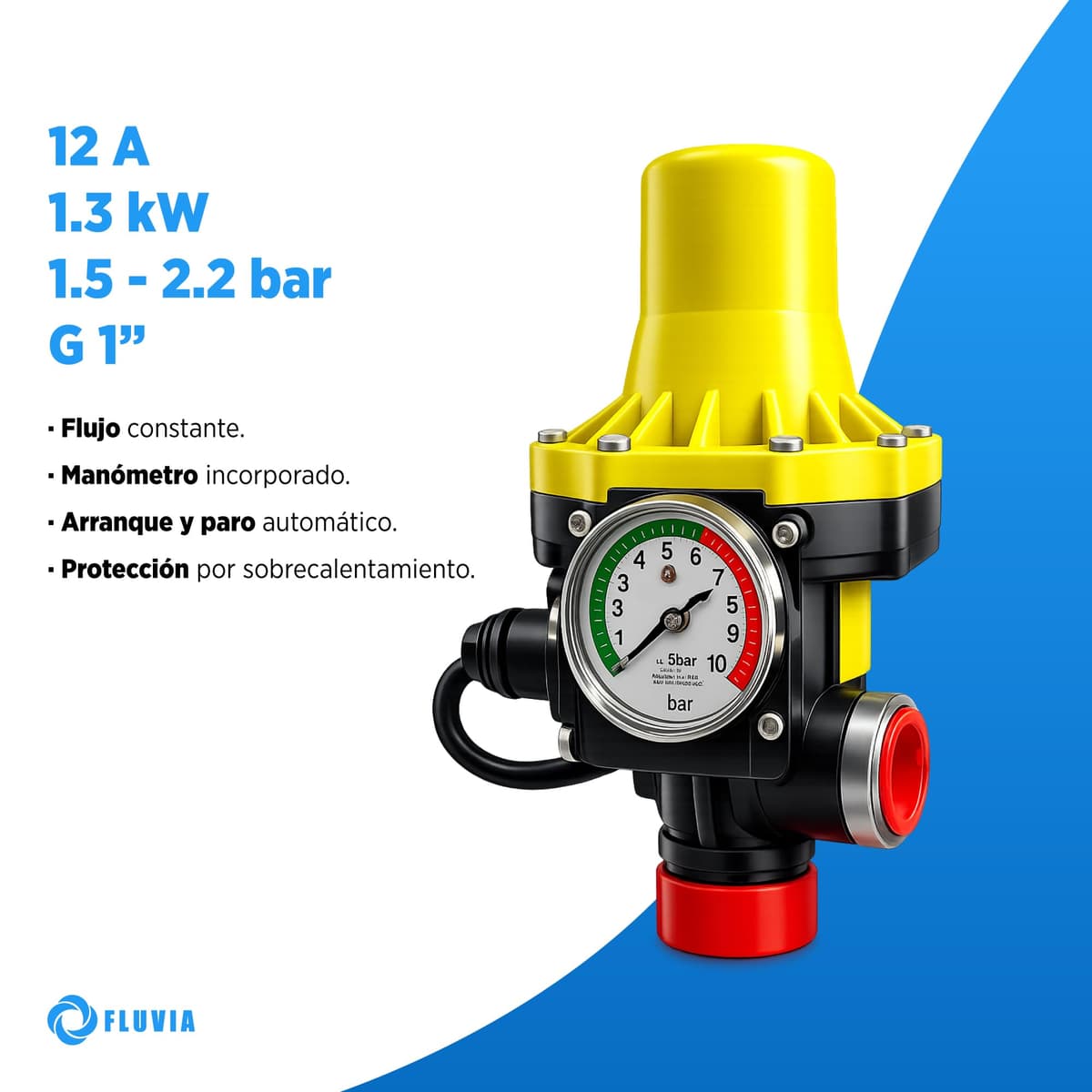 Grupo de Presión de Agua Automático con Controlador – Bomba de Agua Presurizadora Doméstica para Casa, Jardín y Riego, Sistema Automático de Presión 0.37 kW - 0.5 CV · Fluvia — view 4