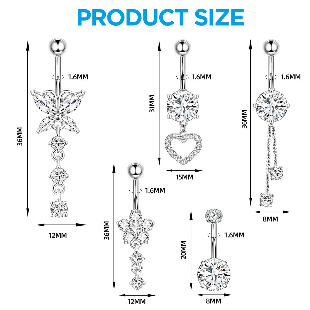 hautllaif 5pcs Belly Button Bars Sterling Silver,Belly Bar 14G Navel Bars,Dangly Belly Button Piercing Jewellery — view 2