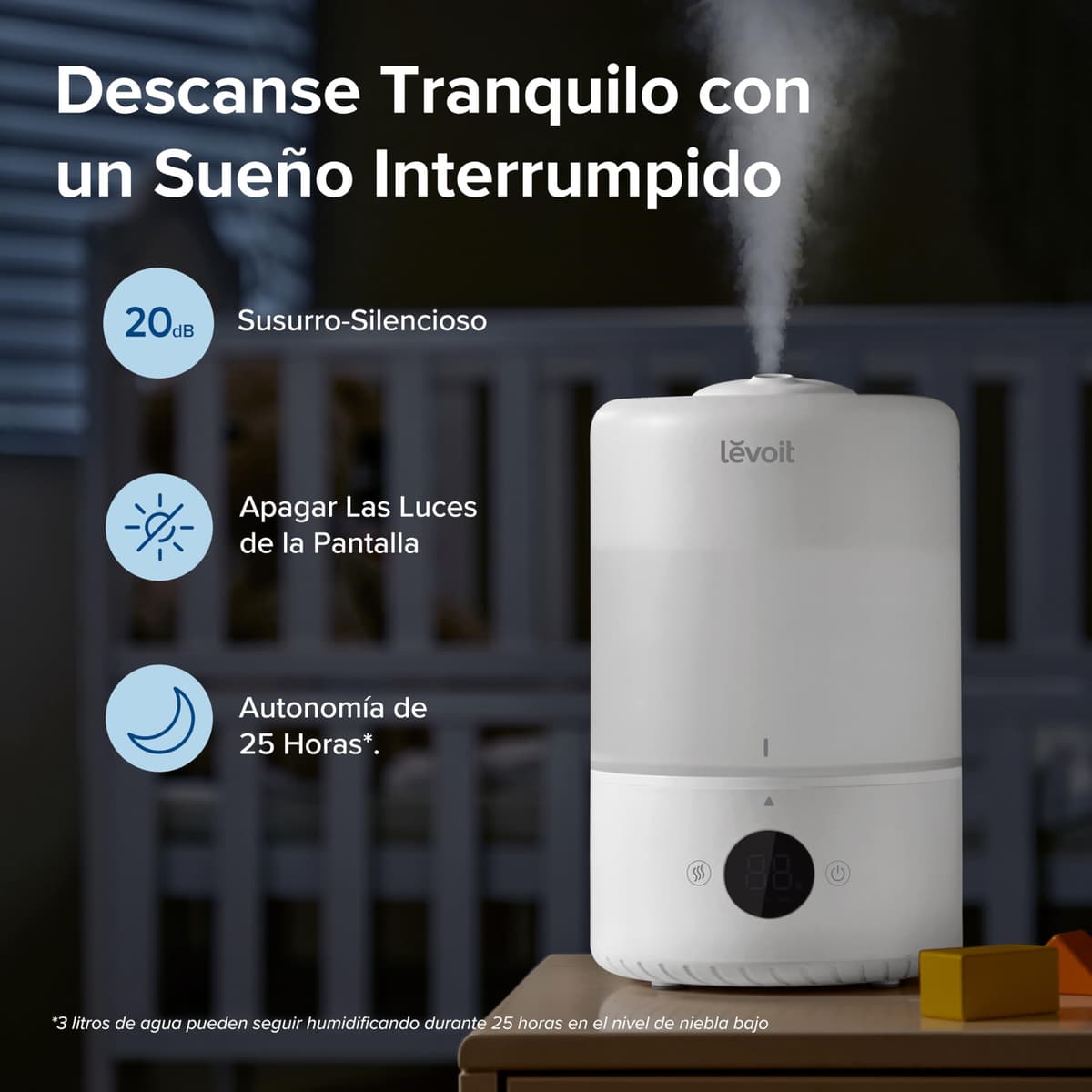 LEVOIT Humidificador Inteligente de Niebla Fría para Habitación y Bebé con Sensor, Control por APP y Voz, Difusor Aceites Esenciales, Temporizador a Cuarto,＜28dB, 3L Top-Fill, Blanco