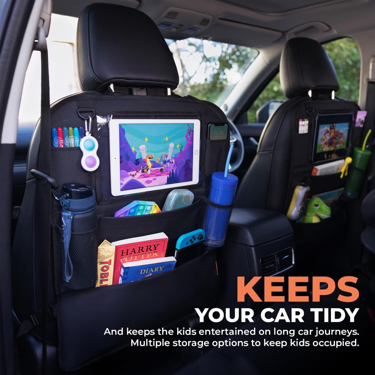 Car Seat Organiser - Kids Back Seat Organiser, Storage Pockets, Screen Holder, Black, 1 Pack — view 8